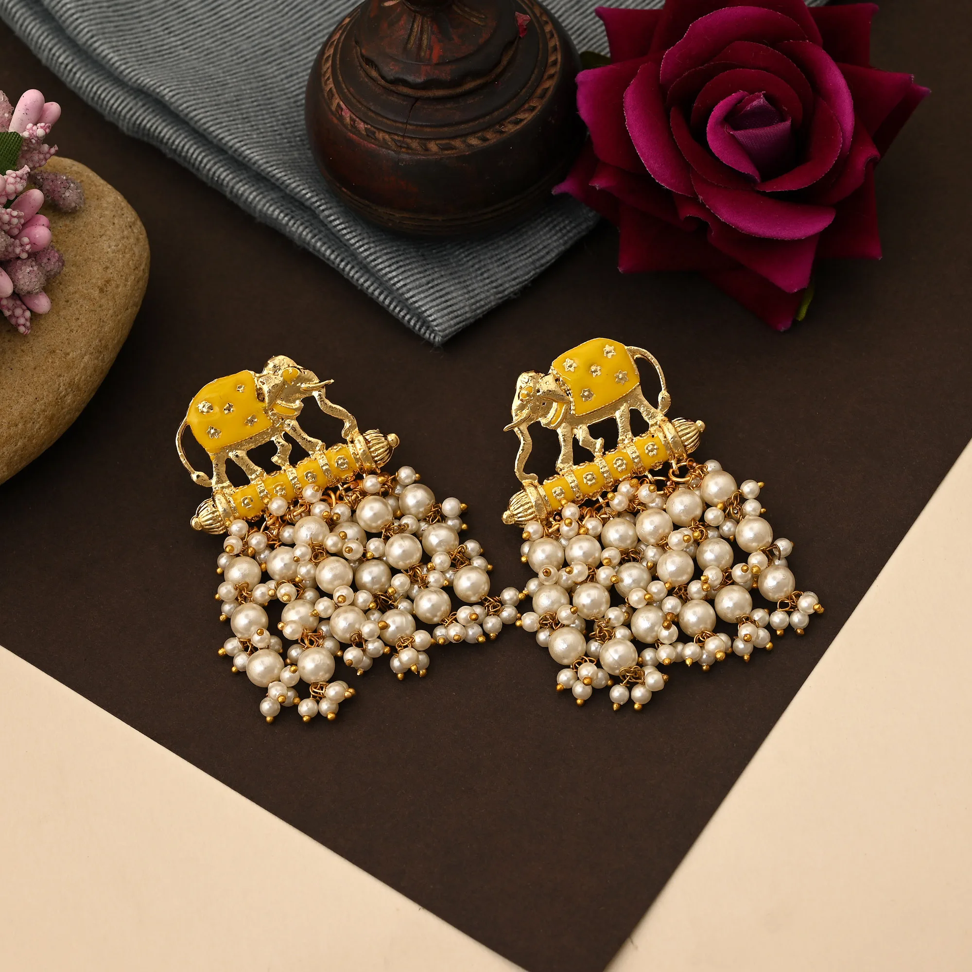 FNMKE102YLW Stunning Yellow Color Elephant Design Meenakari Earrings For Festive And Wedding Occasions - Yellow