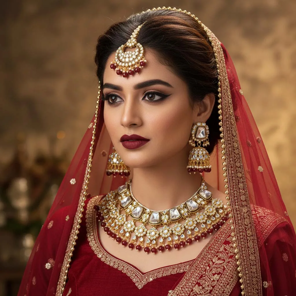 FNKN104MRN Royal Maroon Kundan Choker Necklace Set with Earrings | Gold-Plated Bridal Jewellery
