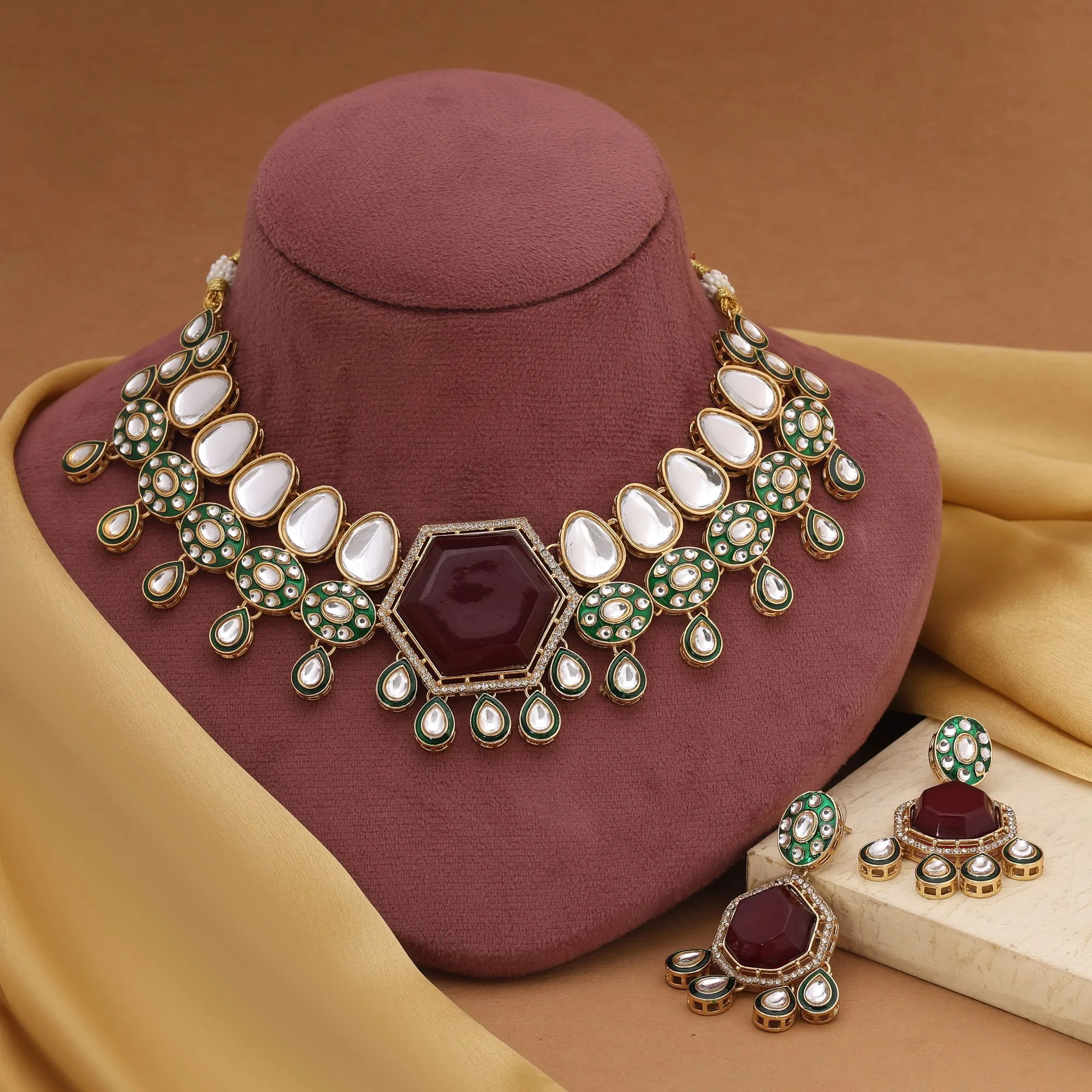 Royal Grey &amp;amp; Green Kundan Choker Necklace Set with Earrings | Gold-Plated Ethnic Jewellery  Meta Description