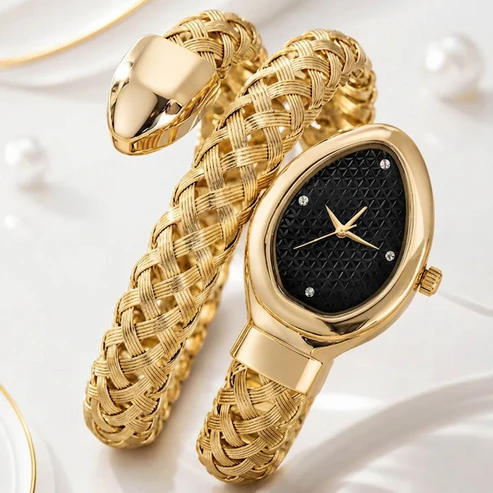Elegant Gold-Tone Snake Women&amp;#039;s Bracelet Watch with Black Dial | Fashion Analog Wrist Watch