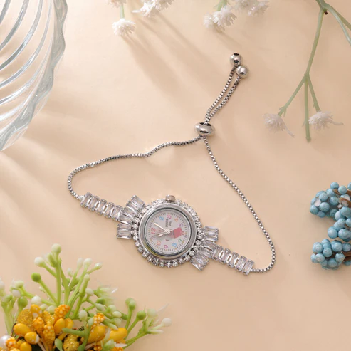 WTCH258SLV Elegant Silver Crystal Bracelet Watch for Women | Adjustable Analog Wrist Watch