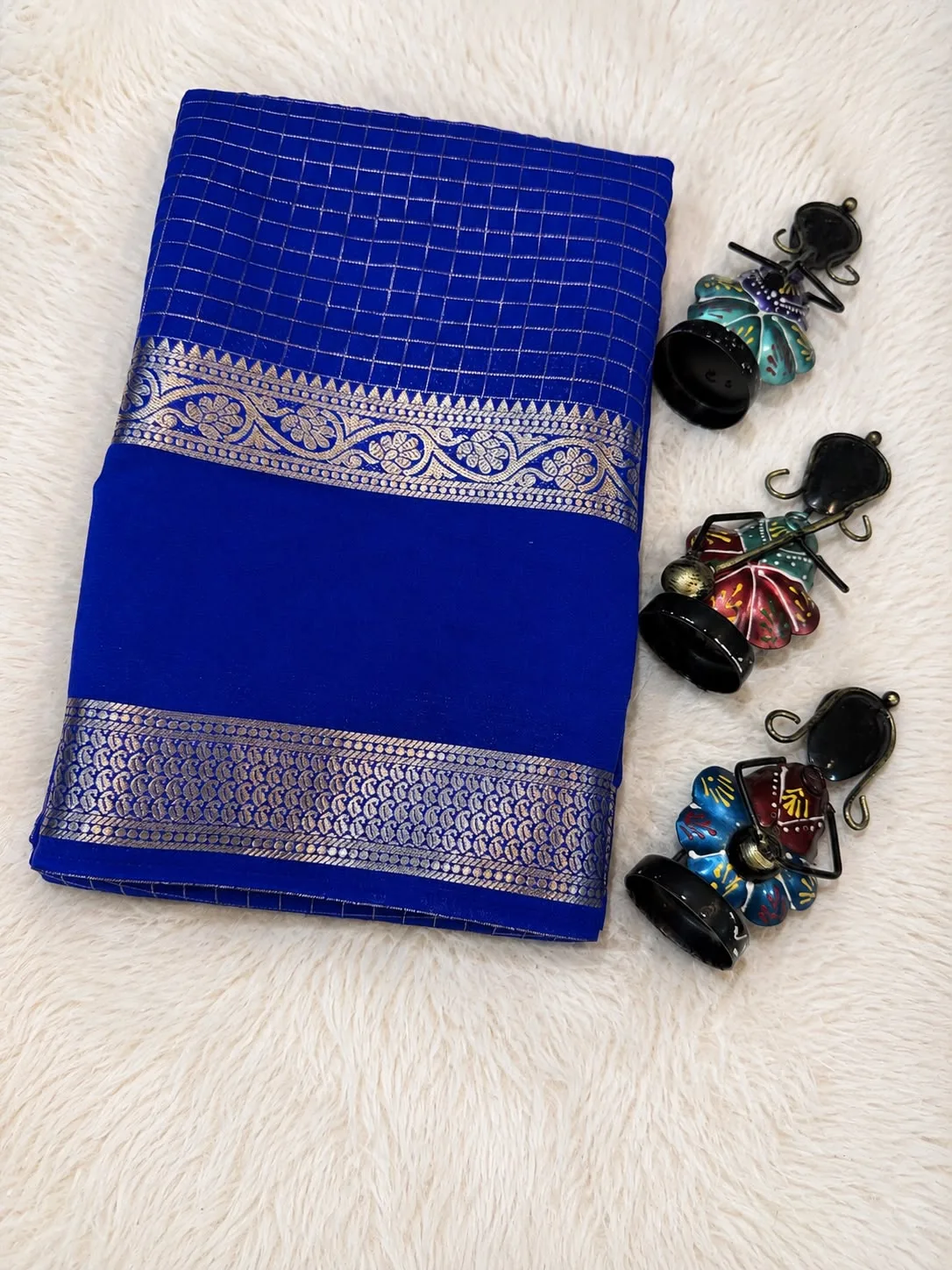 Royal Blue Checked Zari Border Saree