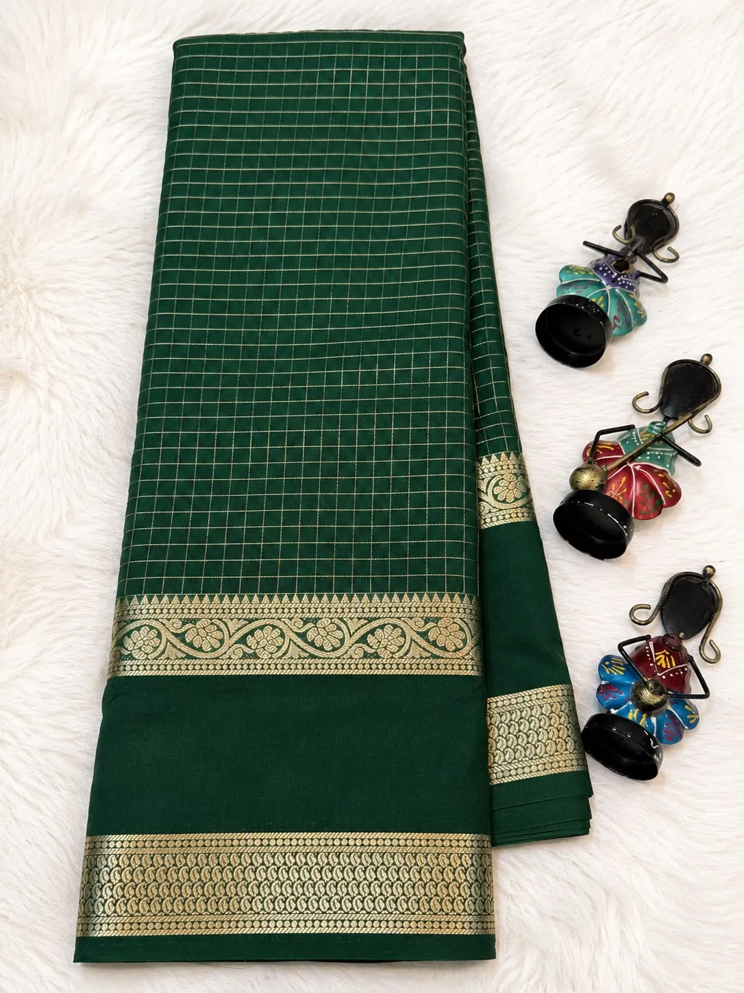 Bottle Green Checked Zari Border Saree