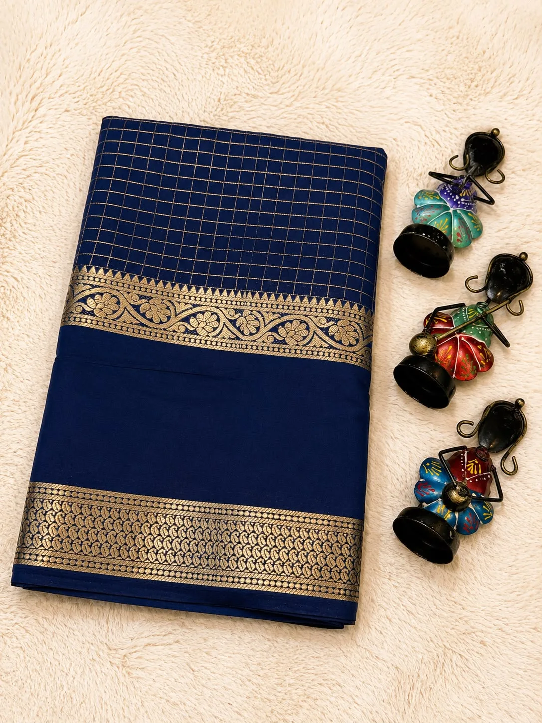 Navy Blue Checked Zari Border Saree