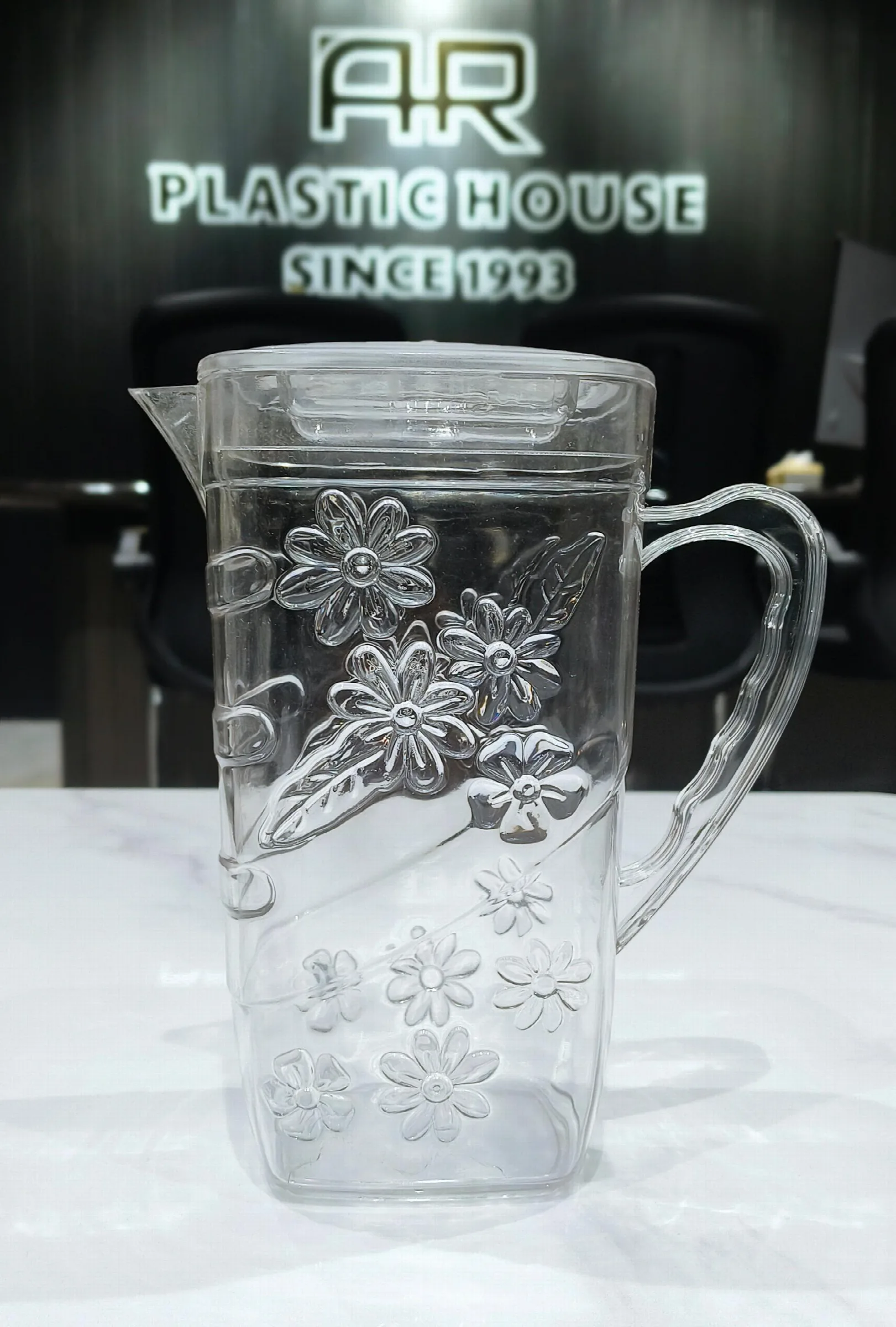 Floral Embossed Transparent Water Jug with Lid