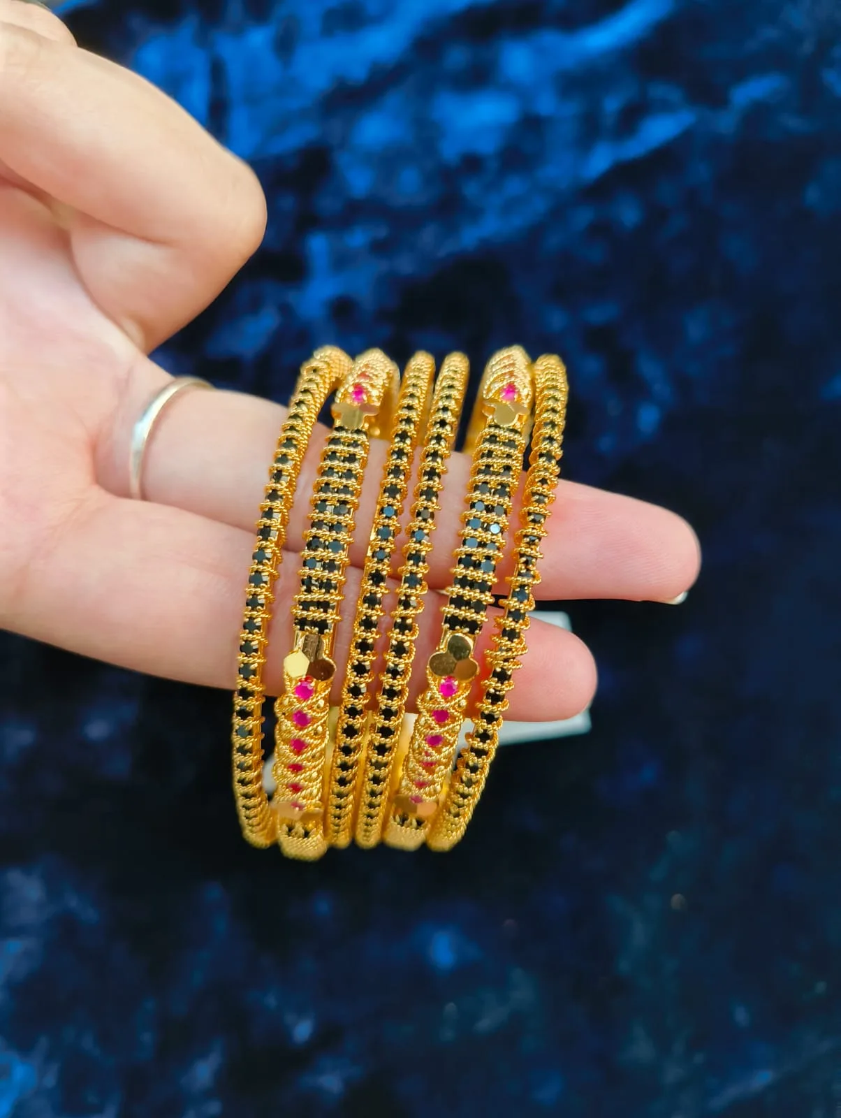 Traditional Black Bead Gold-Tone Bangles (Set of 6)