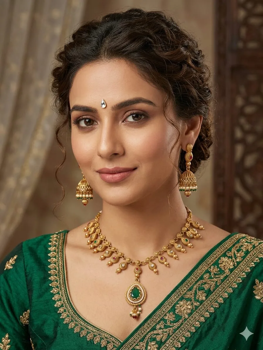 Elegant looking Gold-Tone necklace with Emerald stone