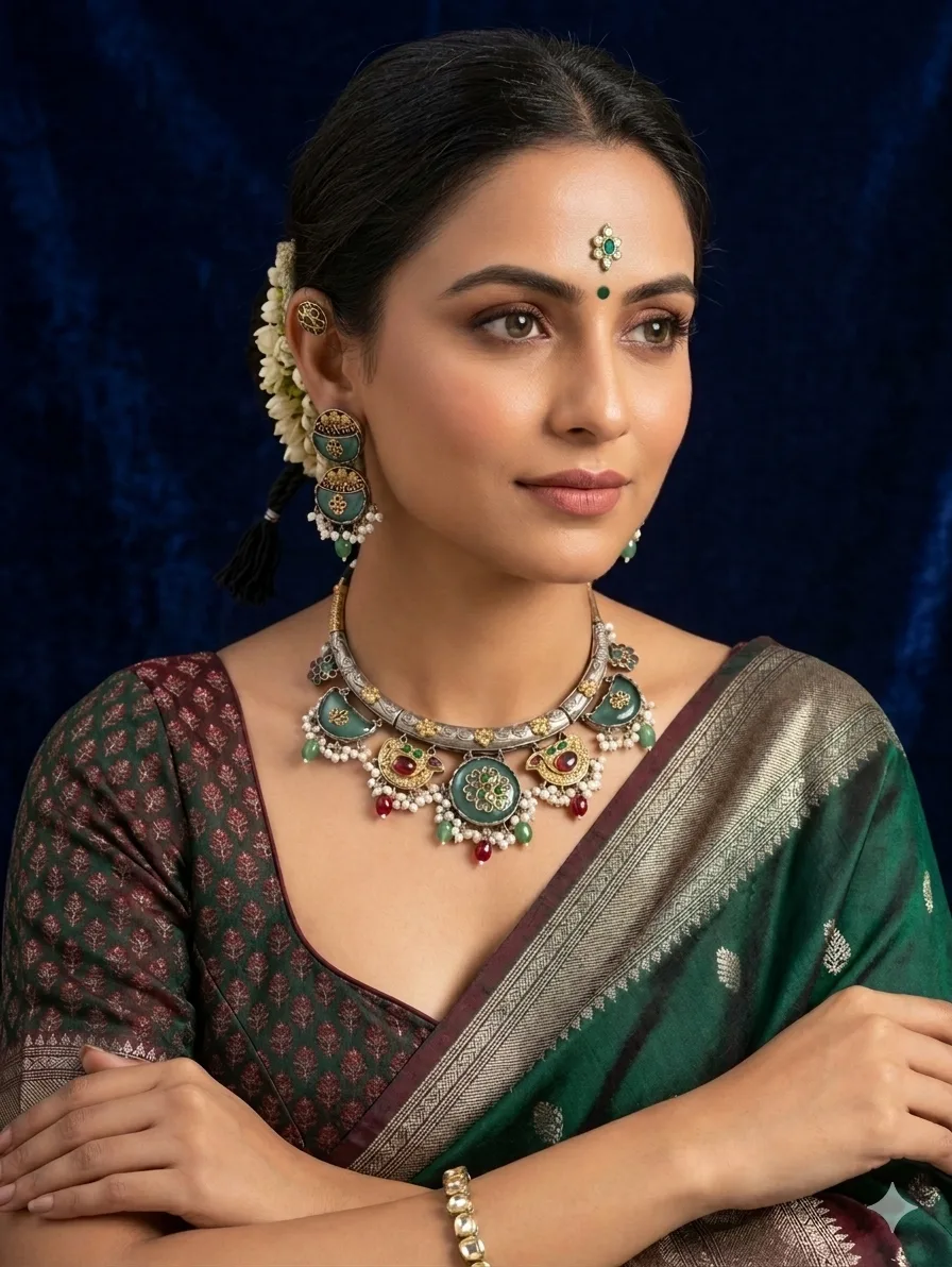 Premium Dual-Tone Mint Green Oxidised Necklace Set with Earrings