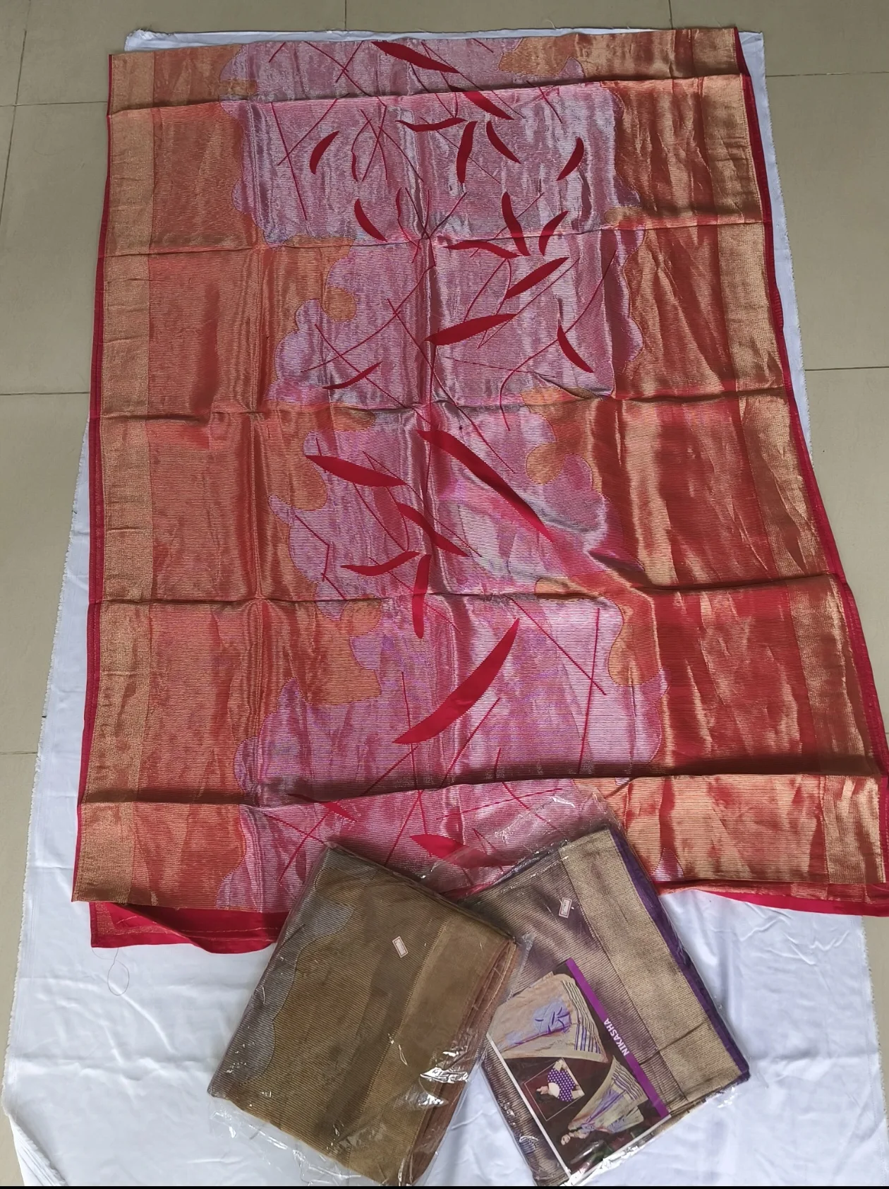"Copper Rose Leaf Tissue Silk Saree"