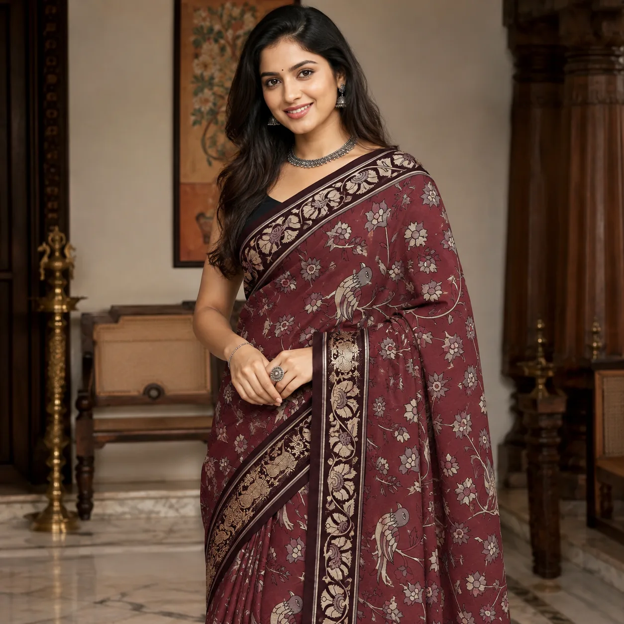 Maroon Madhubani Bird Print Silk Saree
