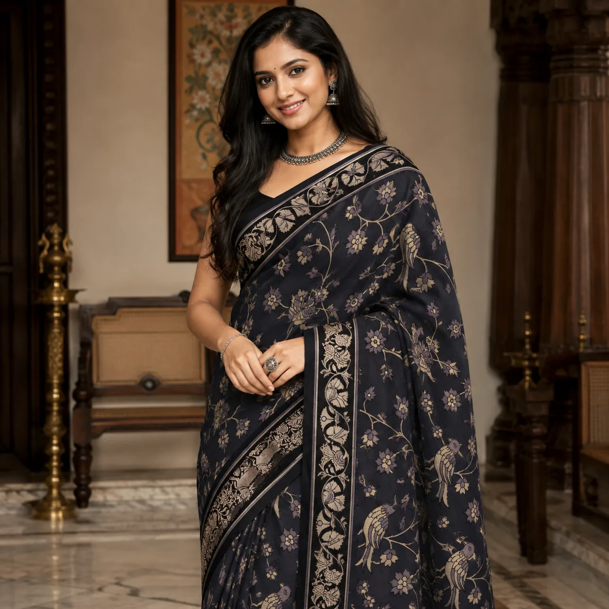 Charcoal Black Madhubani Bird Print Silk Saree