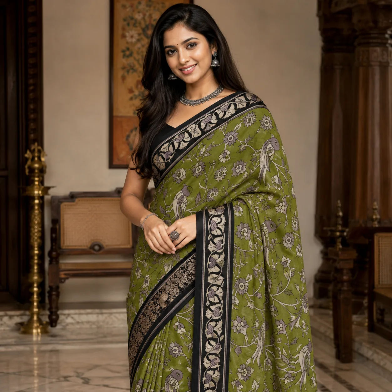Olive Green Madhubani Silk Saree with Blouse