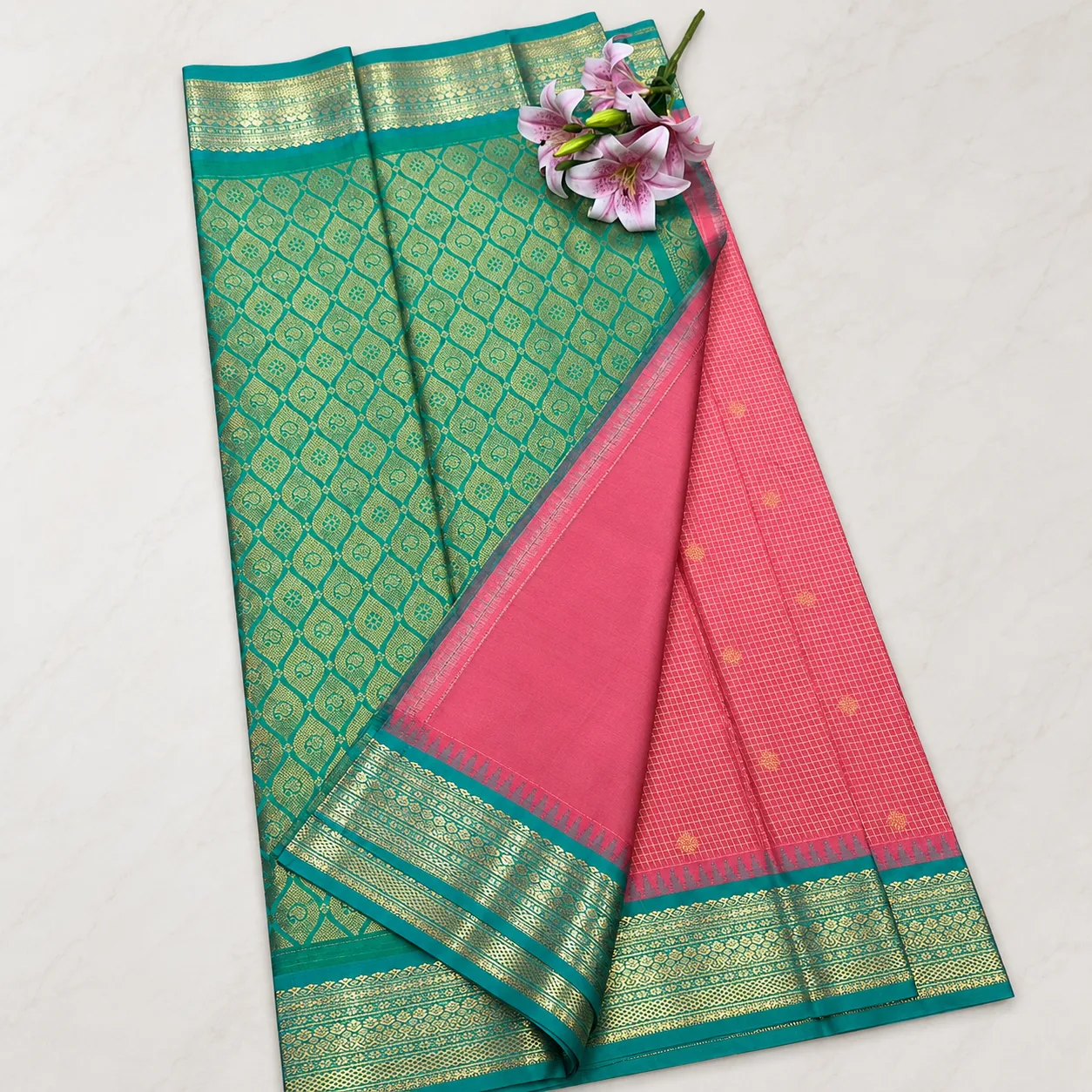 Teal Green & Rose Pink Zari Silk Saree