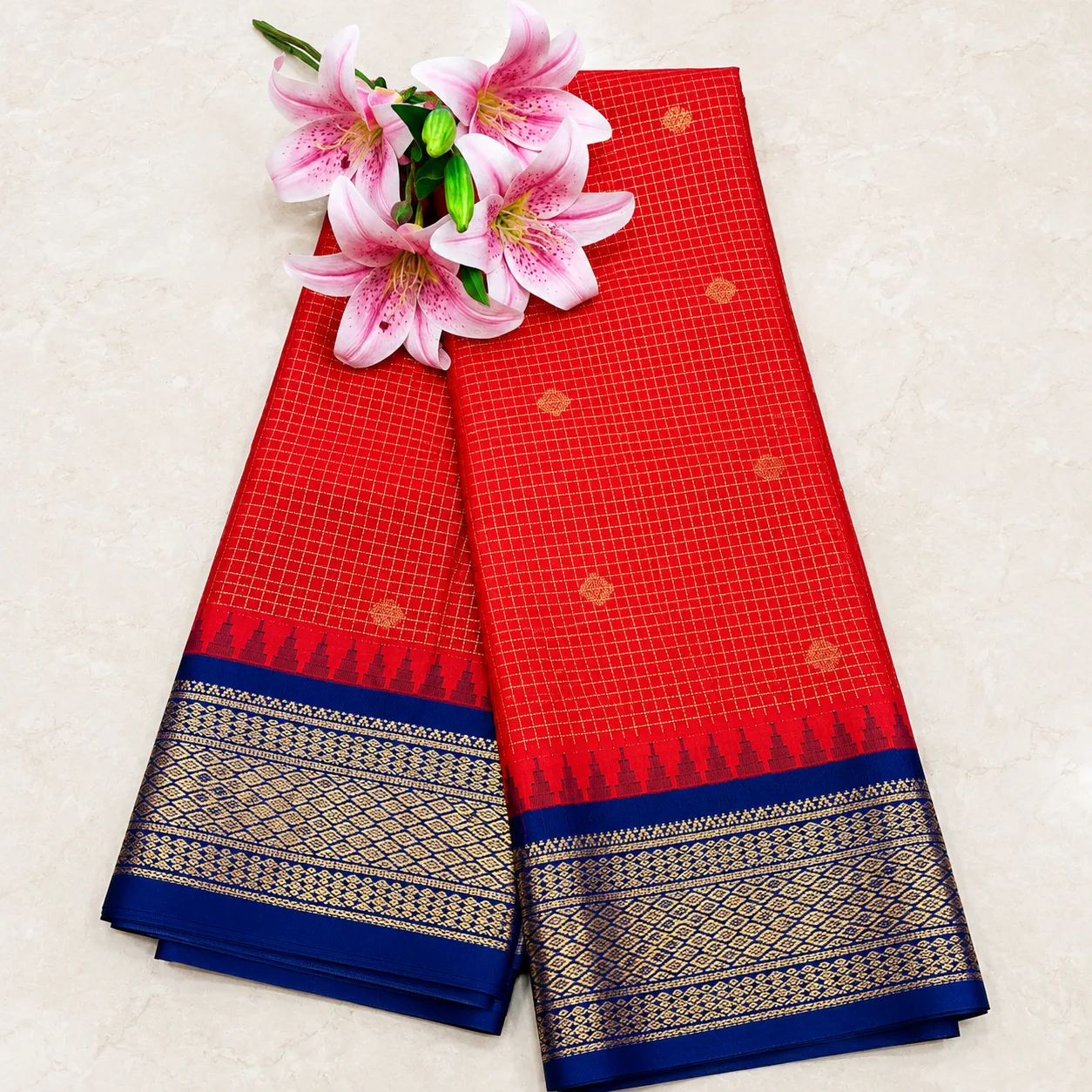 Red & Navy Blue Traditional Zari Border Saree