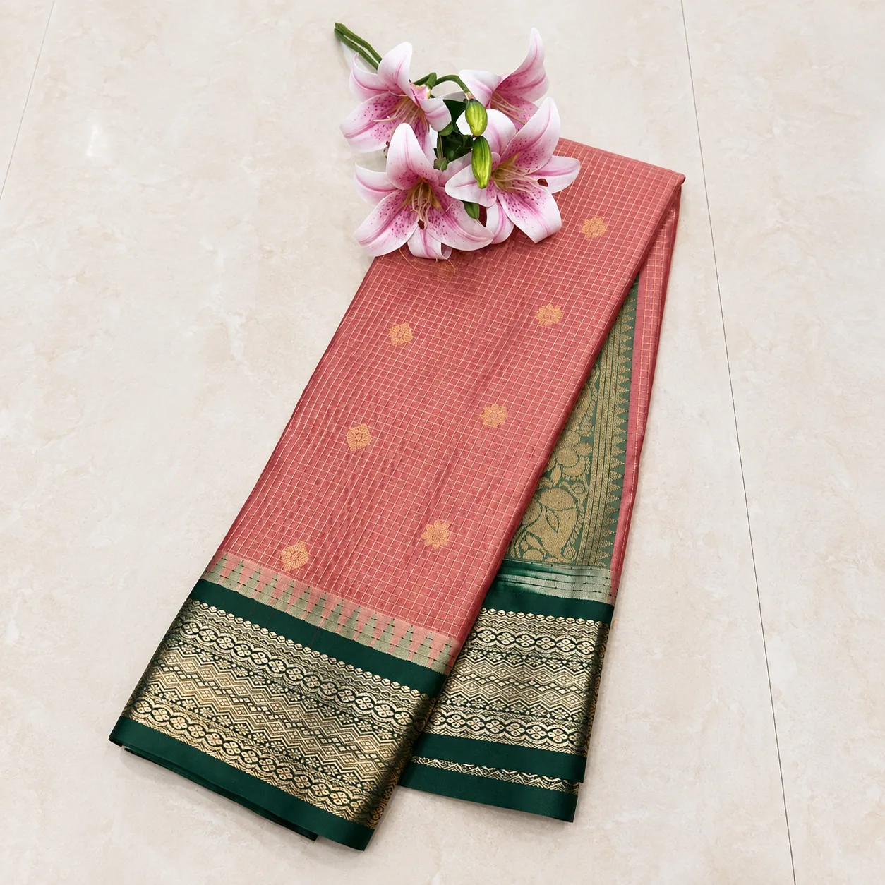 Rose Pink & Bottle Green Zari Silk Saree