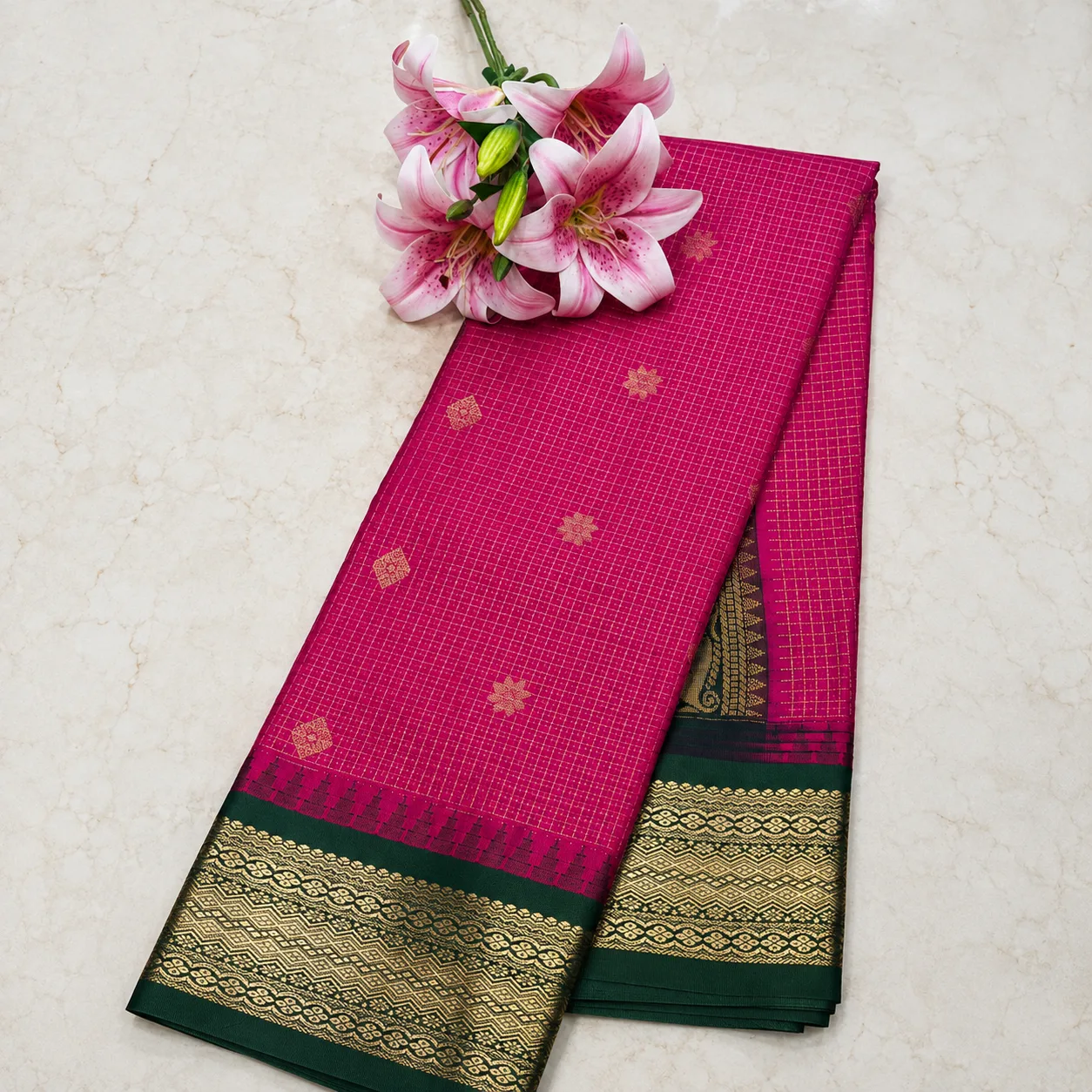 Magenta Pink Saree with Green Zari Border