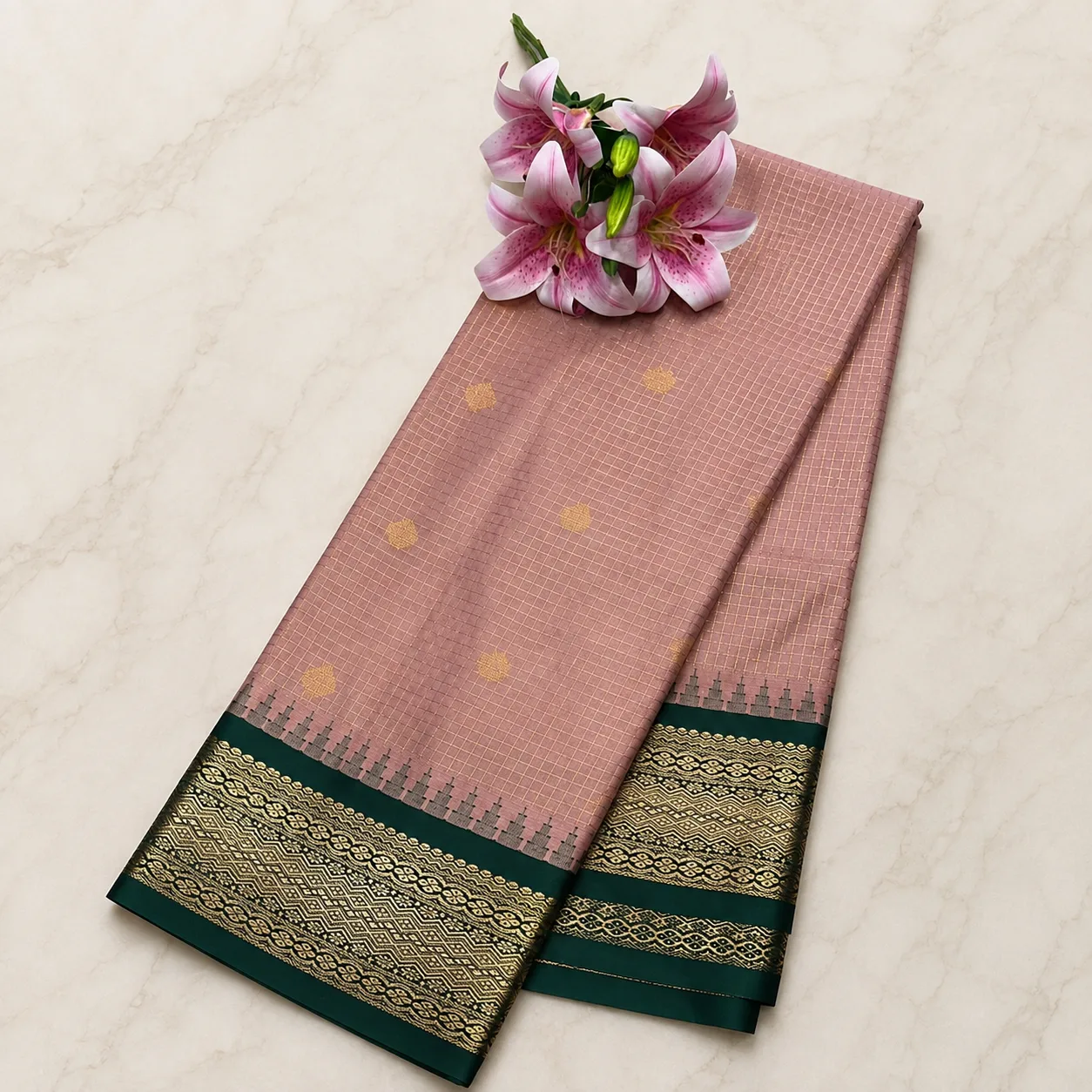 Dusty Rose & Bottle Green Zari Silk Saree