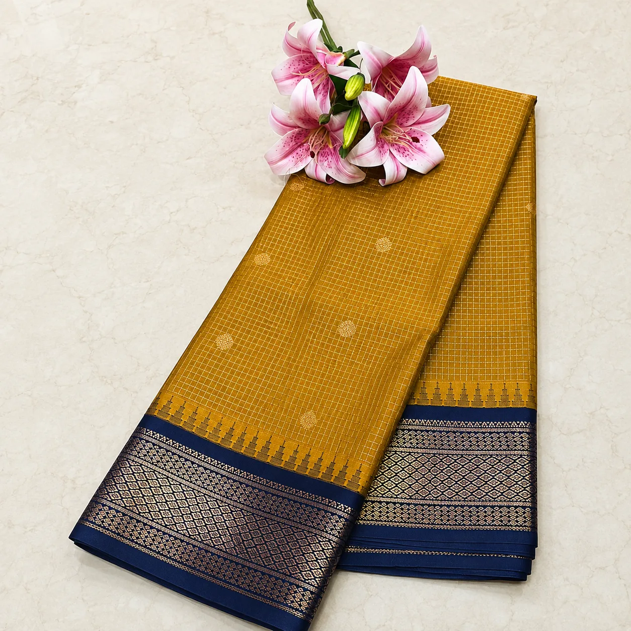 Mustard Yellow Saree with Navy Blue Zari Border