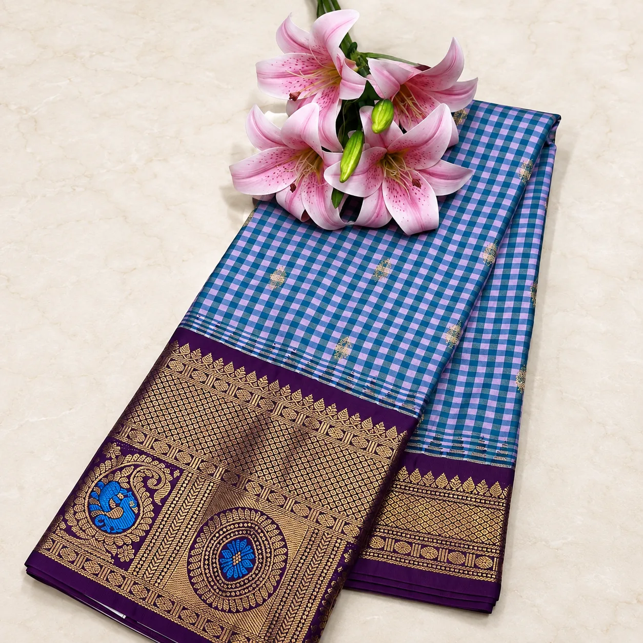 Blue Lavender Checks & Purple Zari Silk Saree