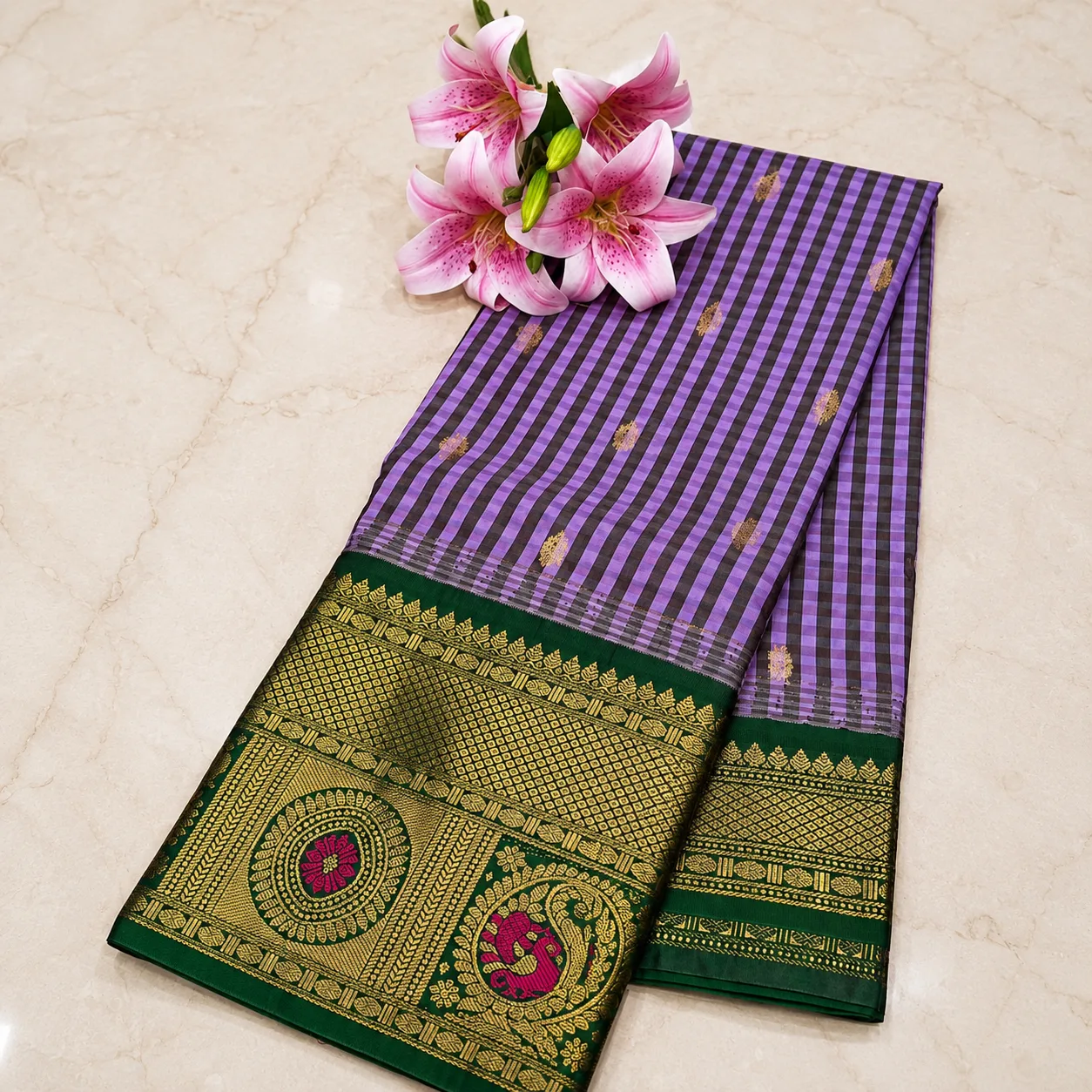 Lavender Checked Saree with Green Gold Zari Border