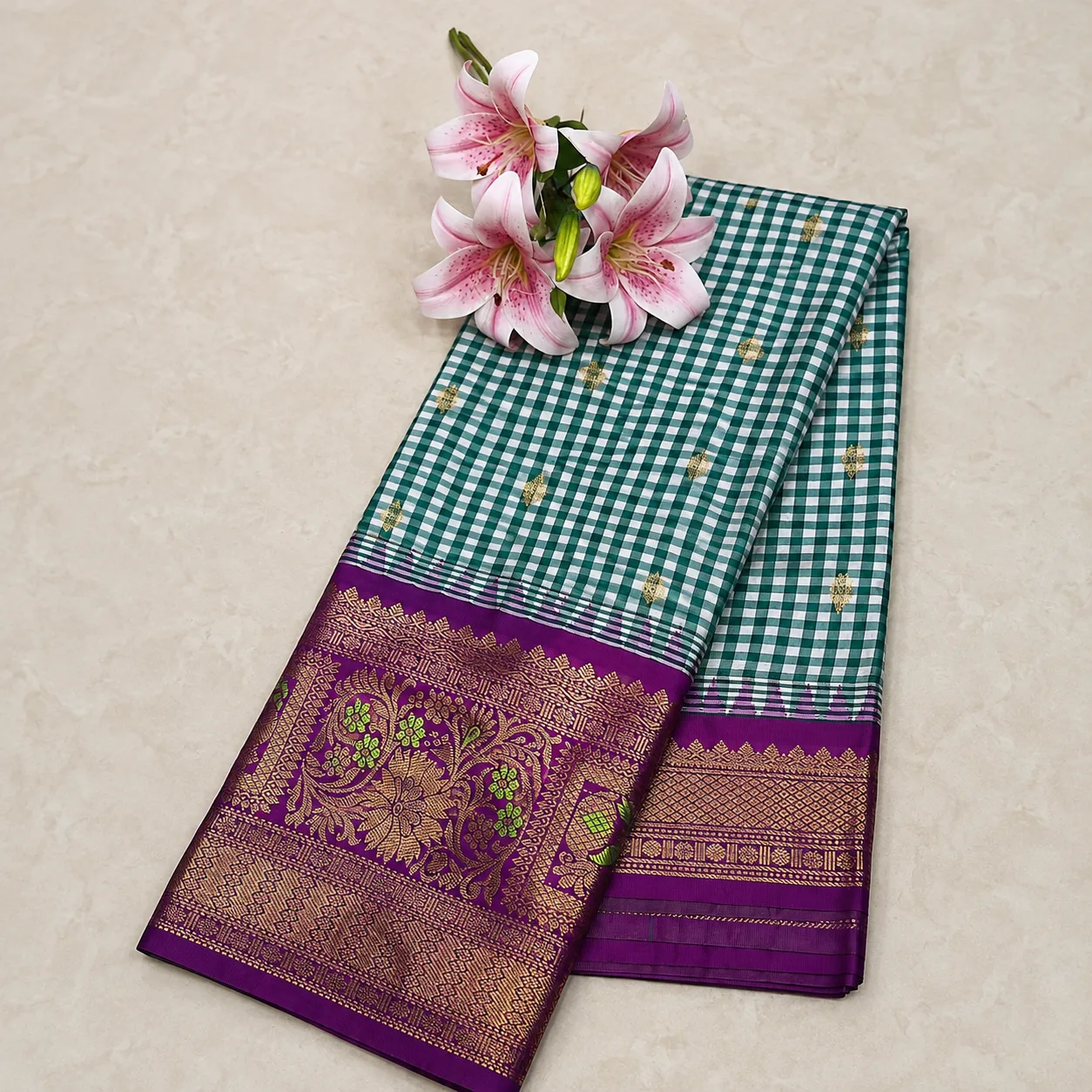 Emerald Green Checks & Royal Purple Zari Silk Saree