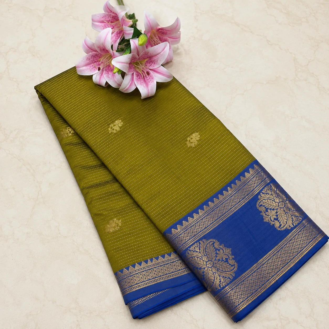 Olive Green Saree with Royal Blue Zari Border  Description: