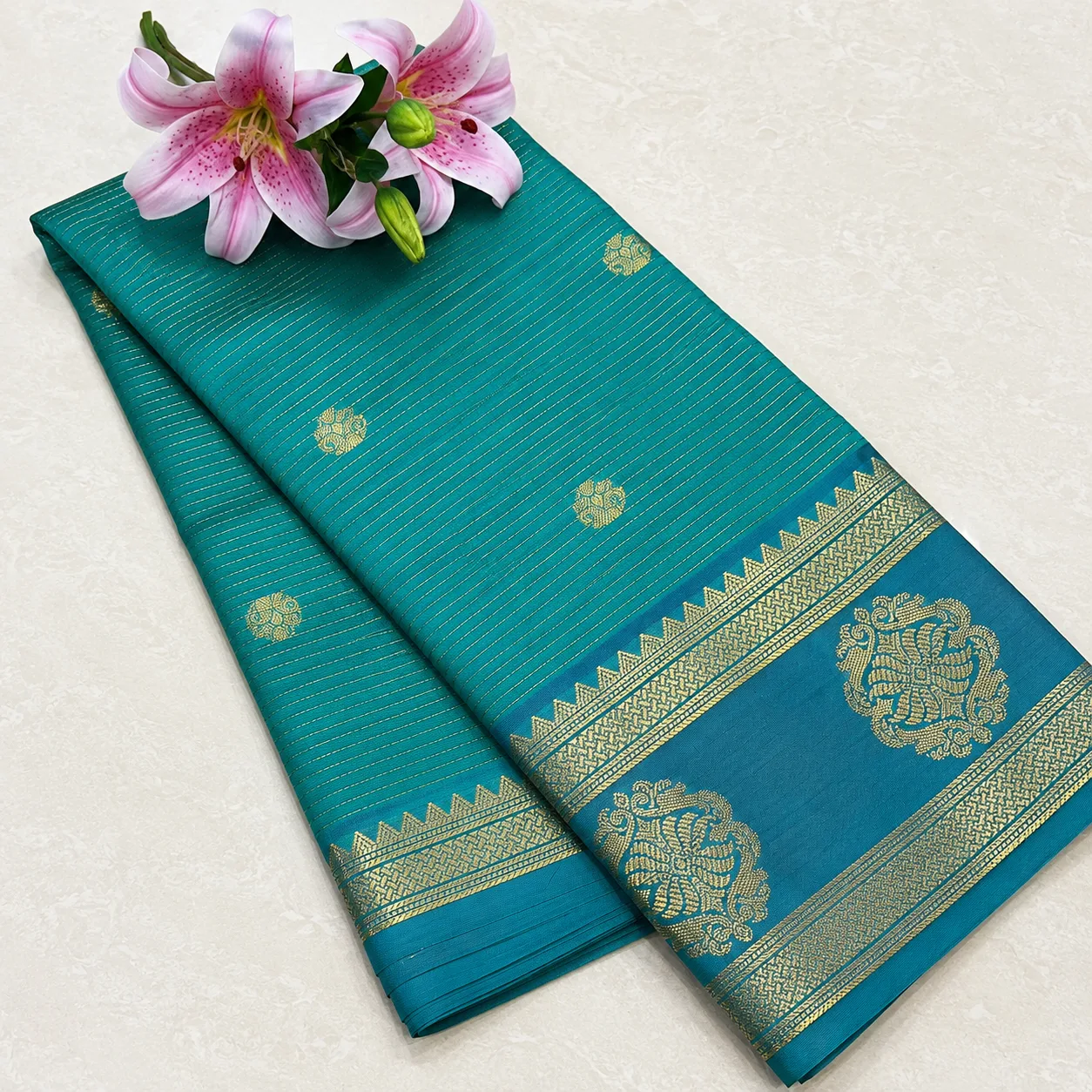 Teal Blue Saree with Gold Zari Border