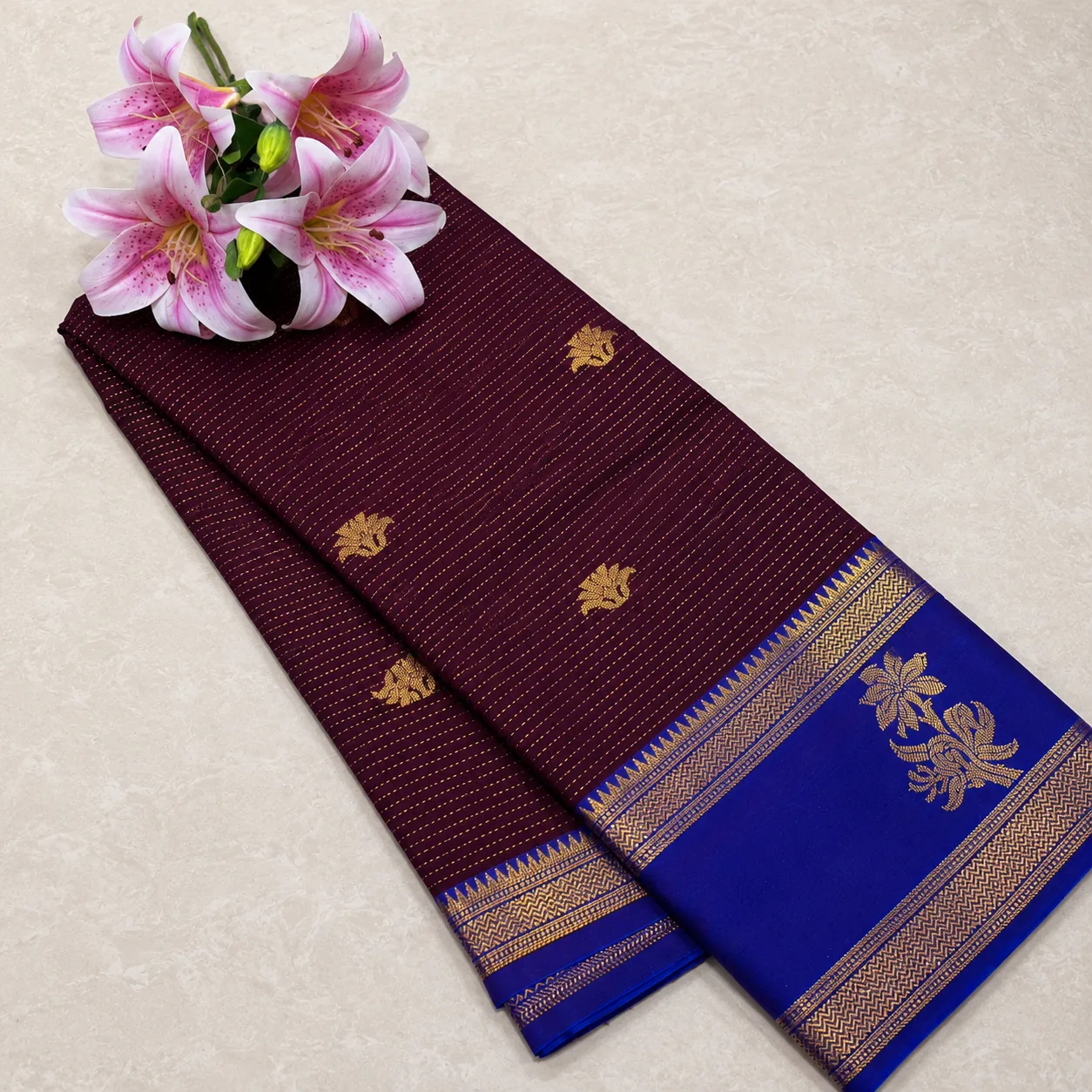 Wine Maroon & Royal Blue Zari Silk Saree