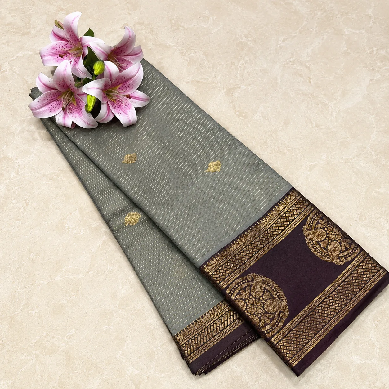 Grey Saree with Wine Gold Zari Border