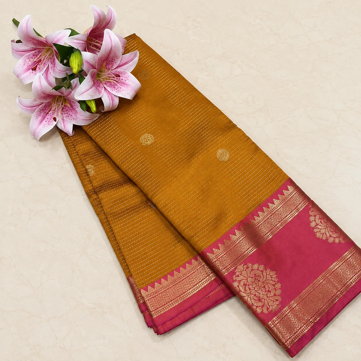 Mustard Gold Saree with Pink Zari Border