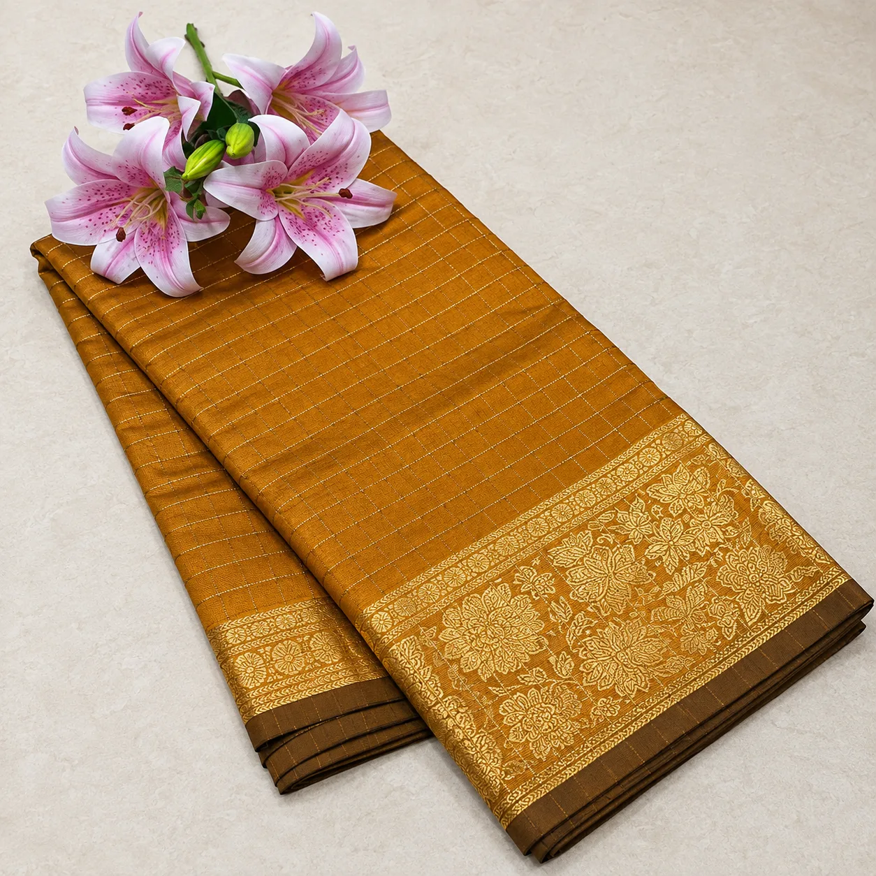 Mustard Gold & Brown Zari Silk Saree