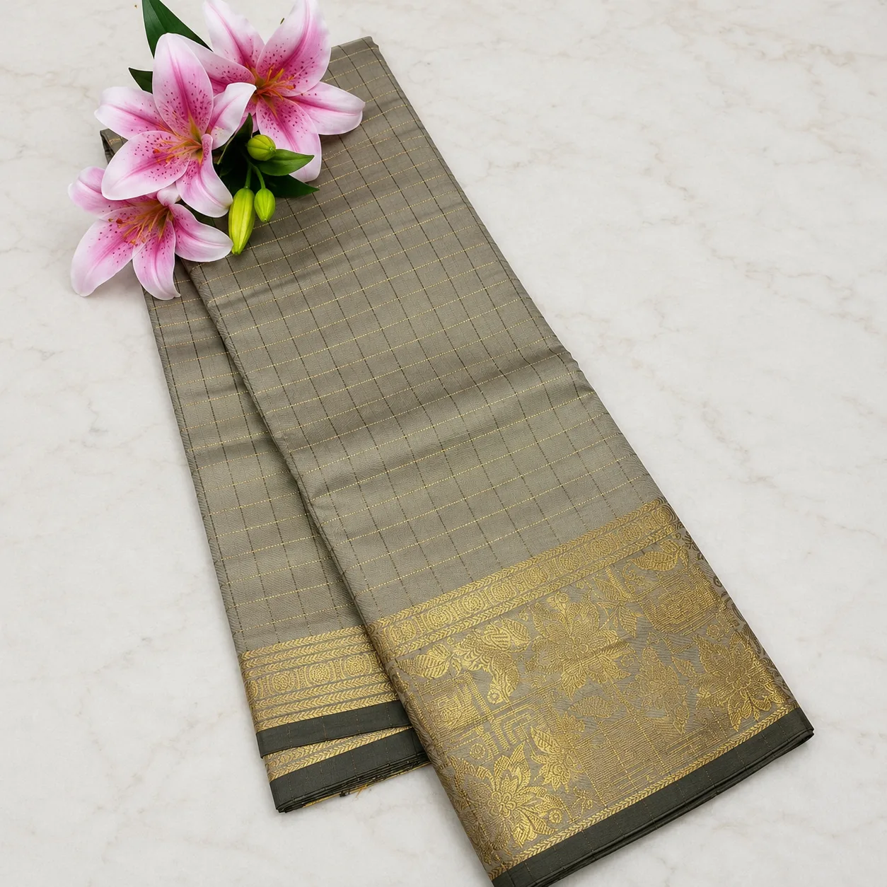 Grey Checked Saree with Rich Gold Zari Border