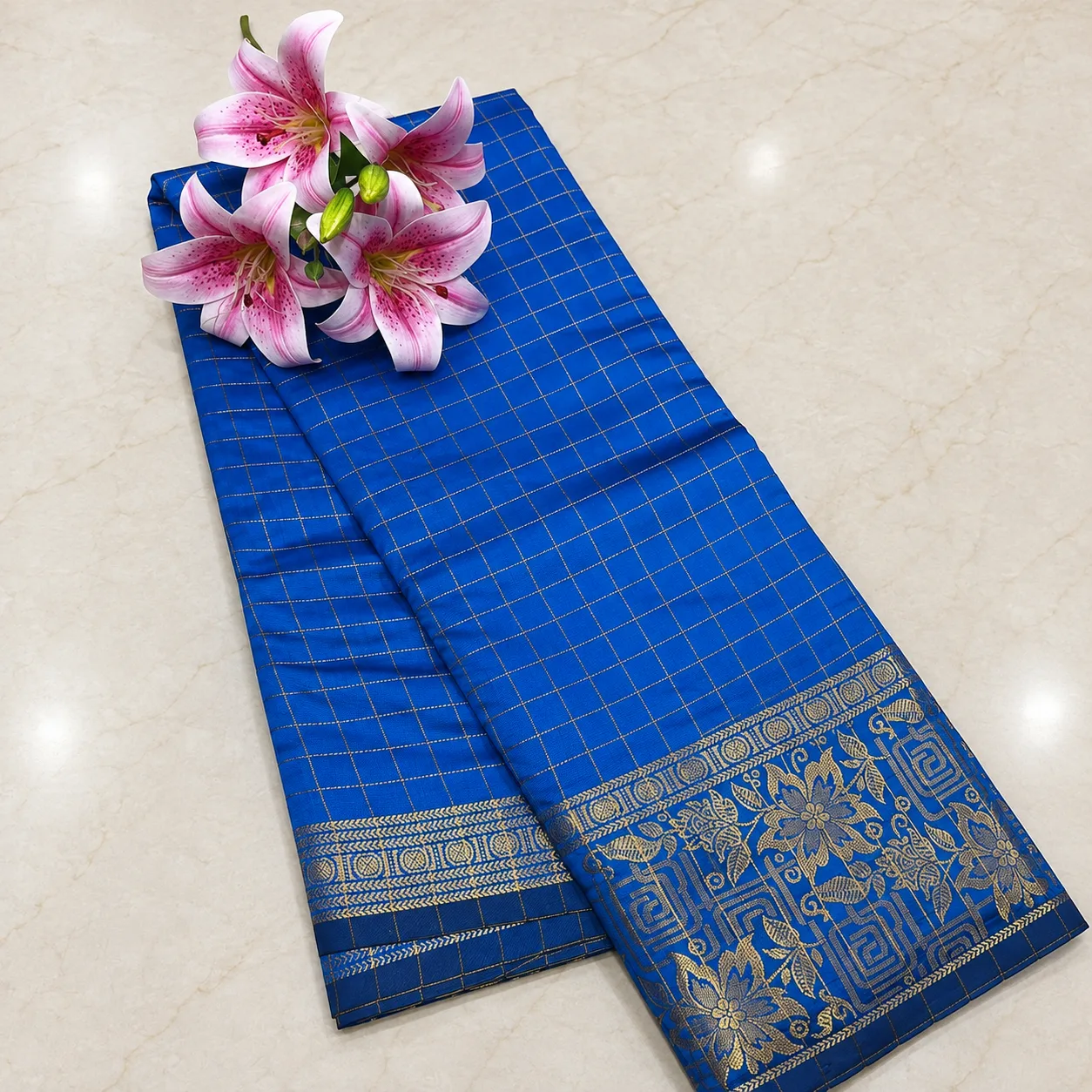 Royal Blue Checked Zari Silk Saree