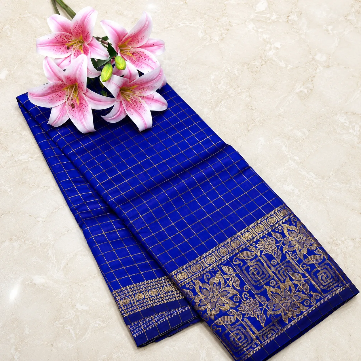 Royal Blue Checked Saree with Gold Zari Border