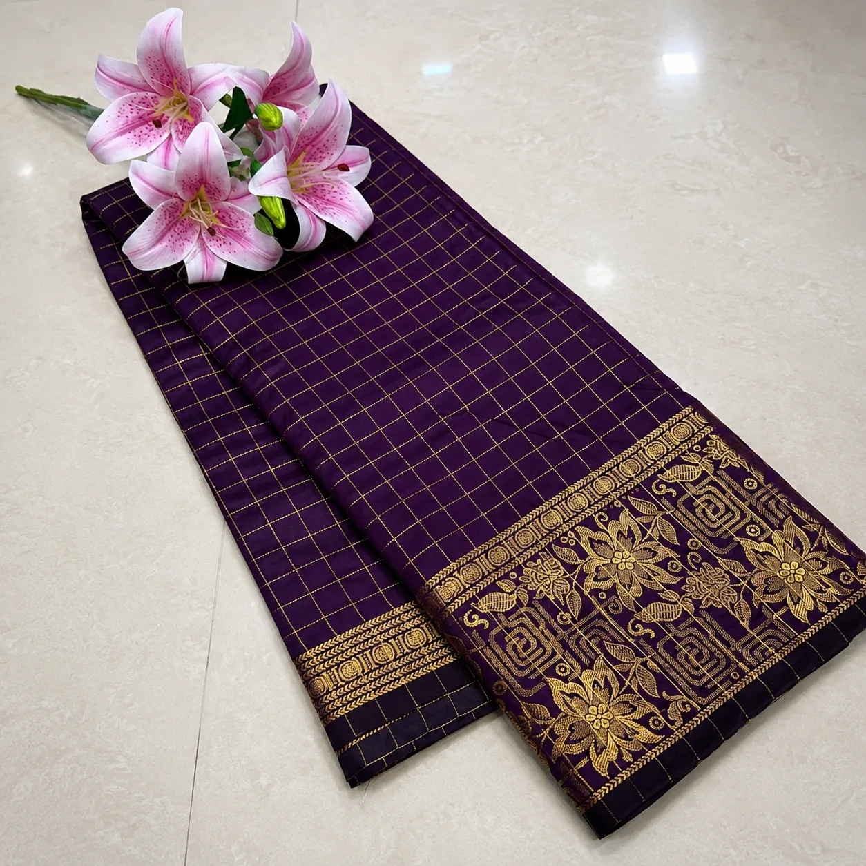 Royal Purple Gold Checkered Saree