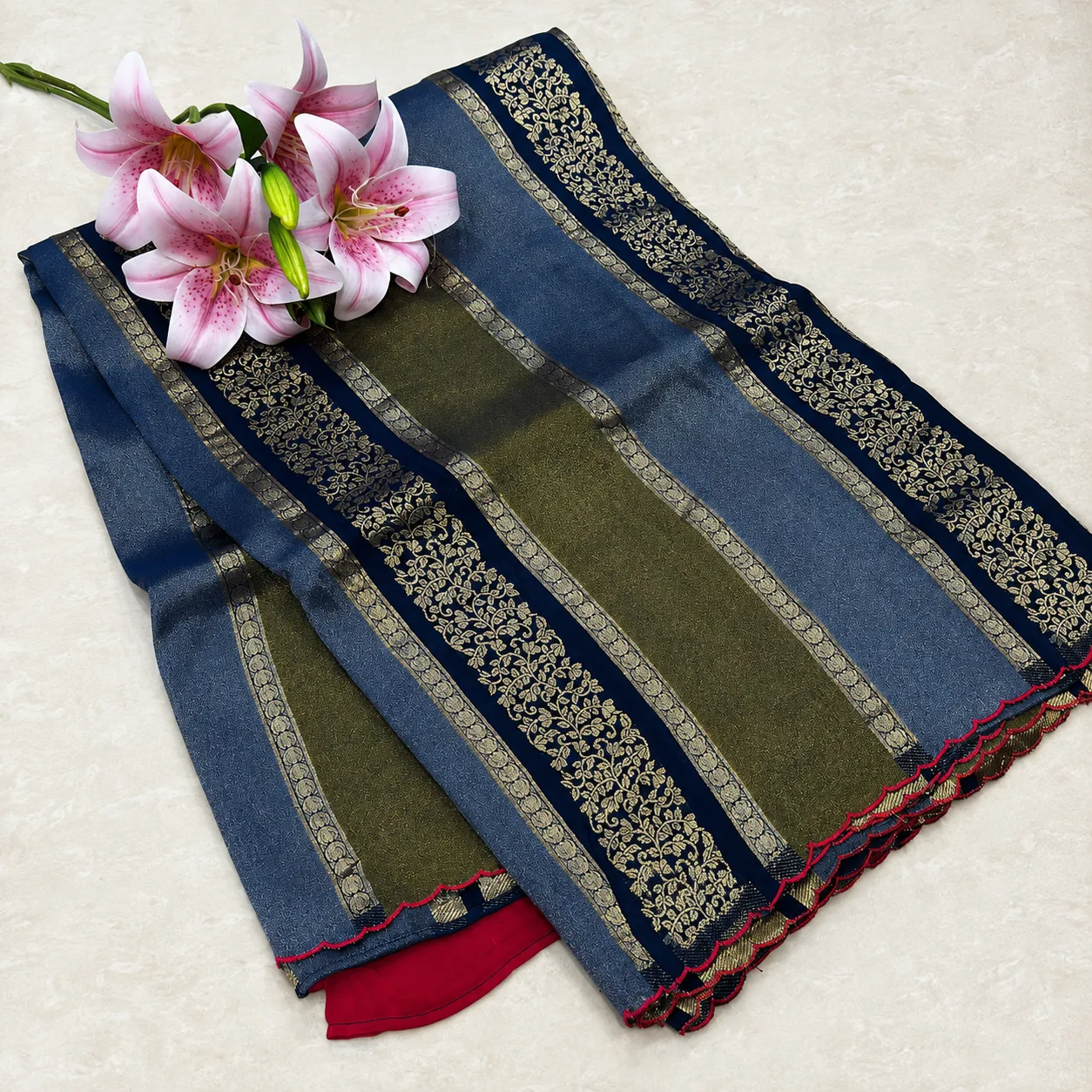 Navy Blue & Olive Gold Border Designer Saree