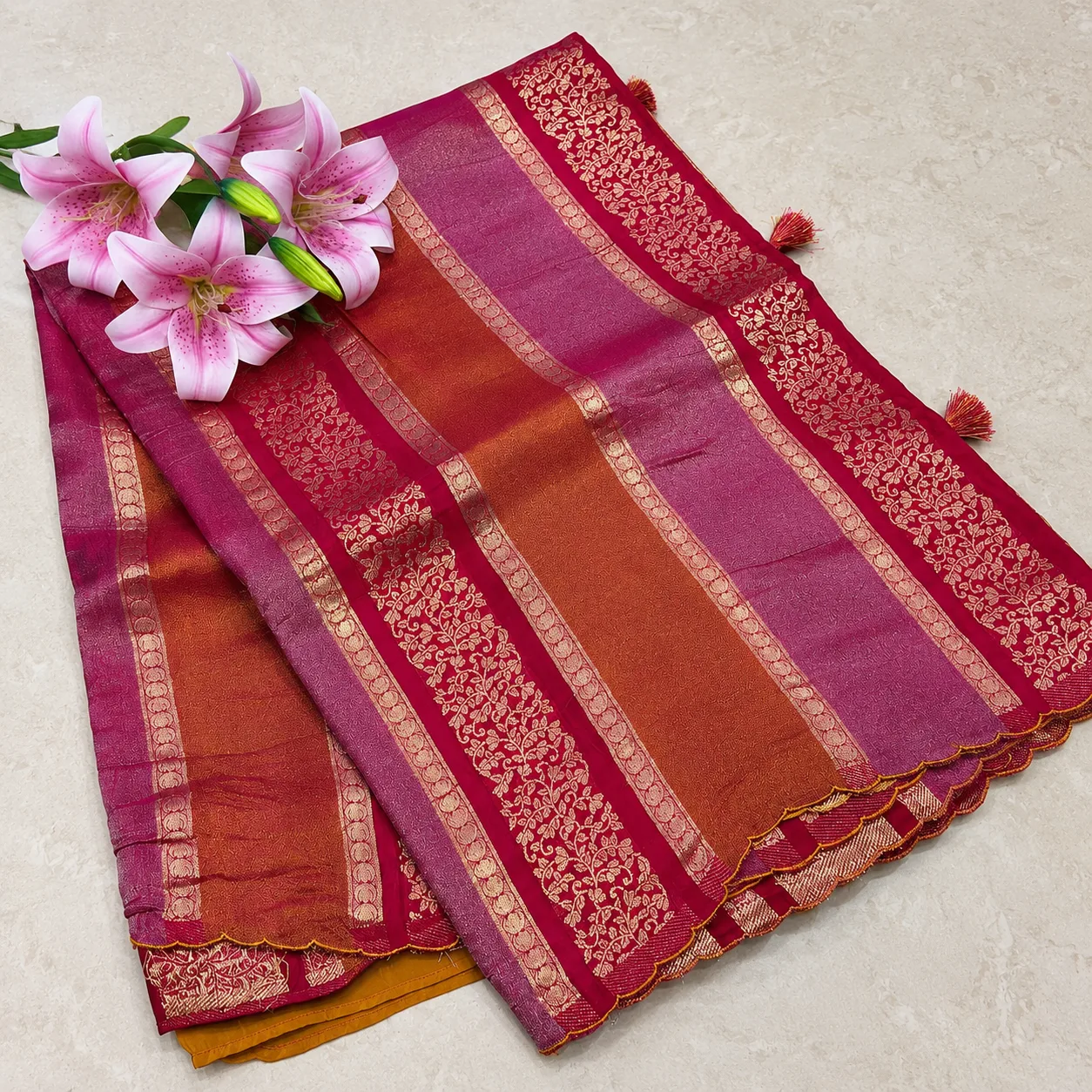 Magenta and Copper Gold Border Designer Saree