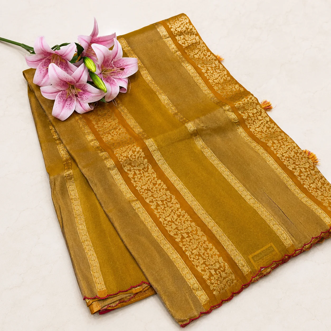 Golden Mustard Zari Floral Border Saree