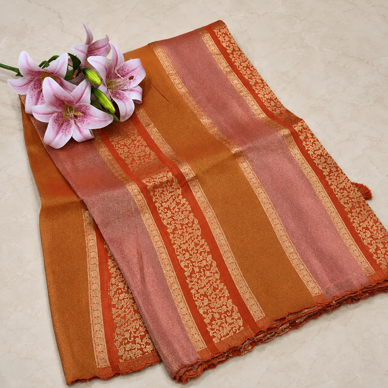 Rust Orange & Rose Gold Border Designer Saree