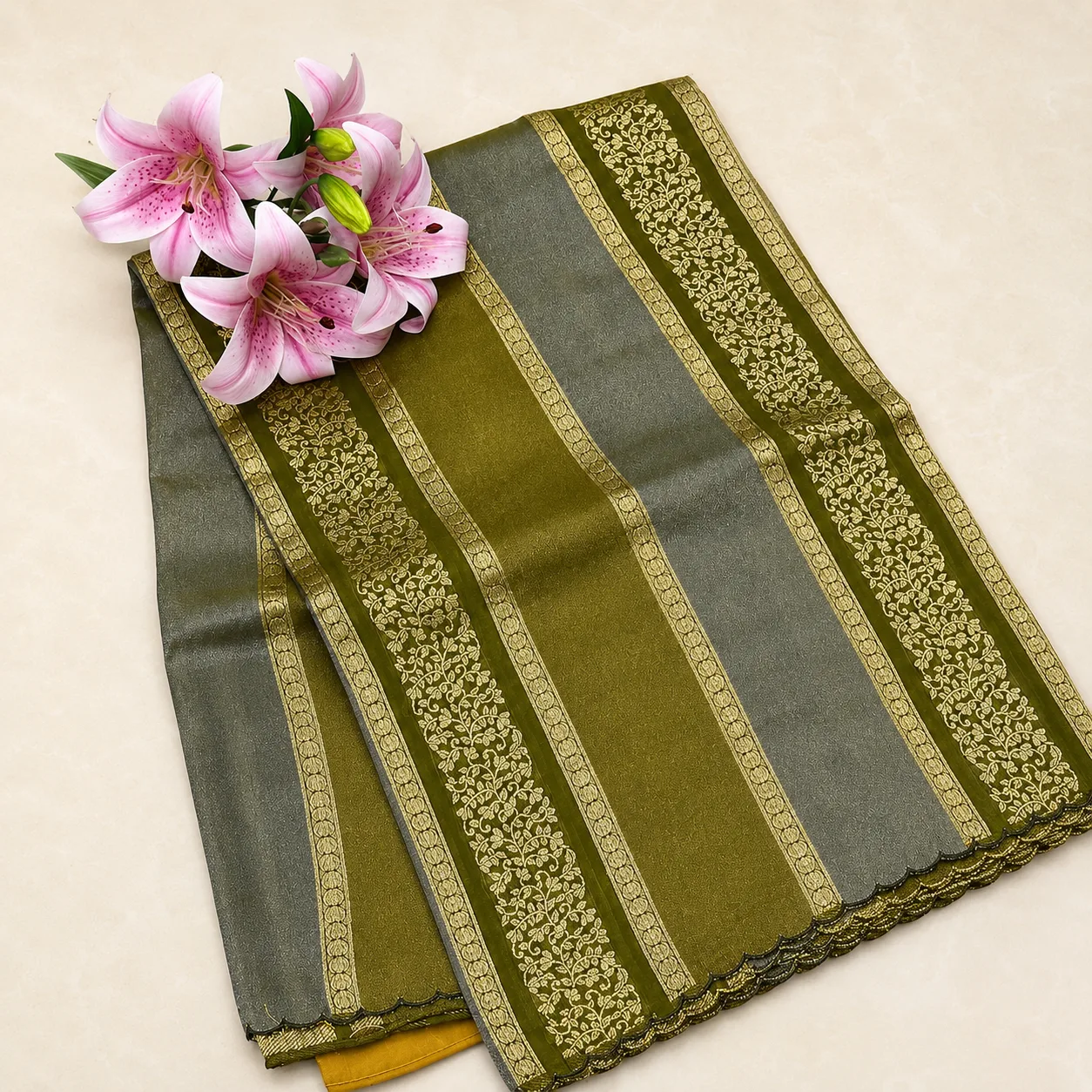 Olive Green & Grey Zari Floral Border Saree