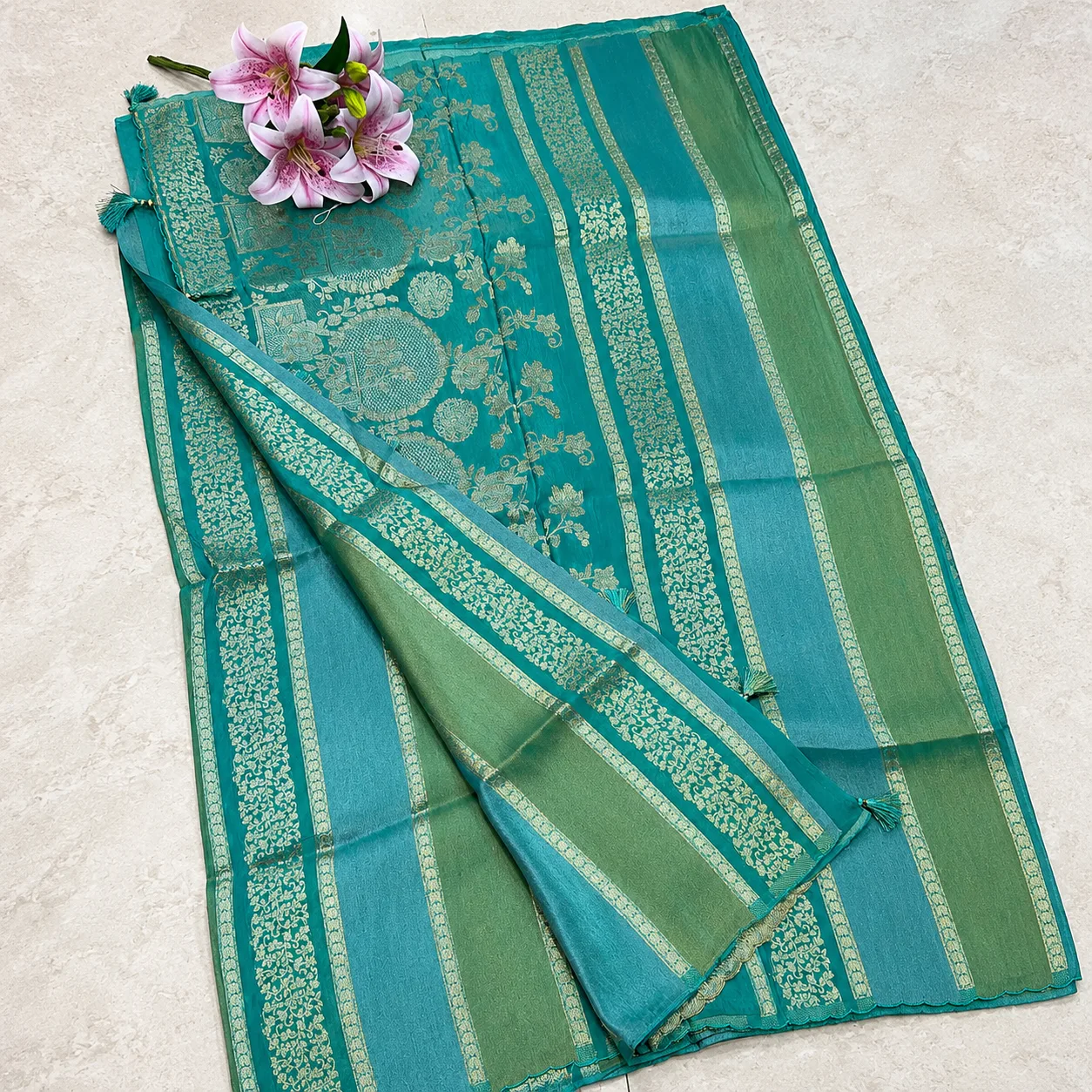 Teal Green & Gold Floral Designer Saree