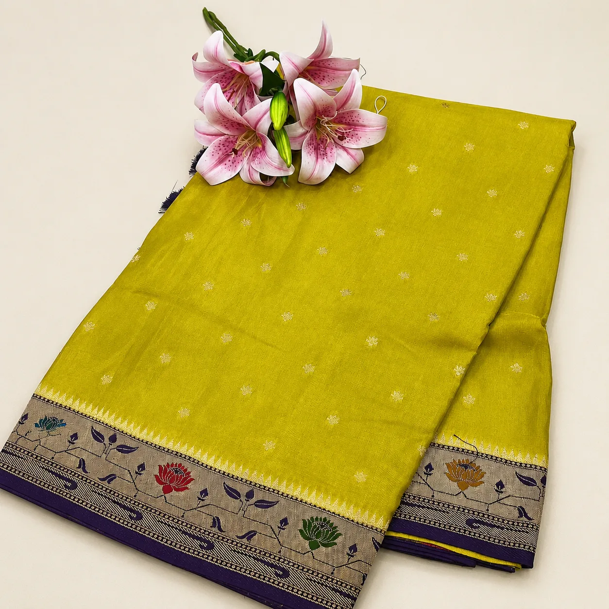 Lime Yellow Lotus Border Saree