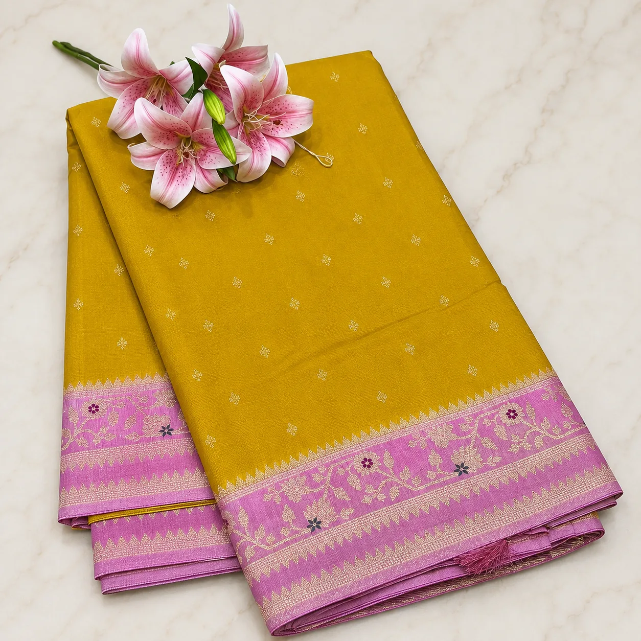 Mustard Yellow & Pink Gold Border Saree