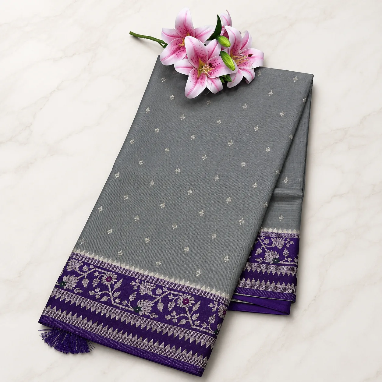 Grey & Royal Purple Floral Border Saree