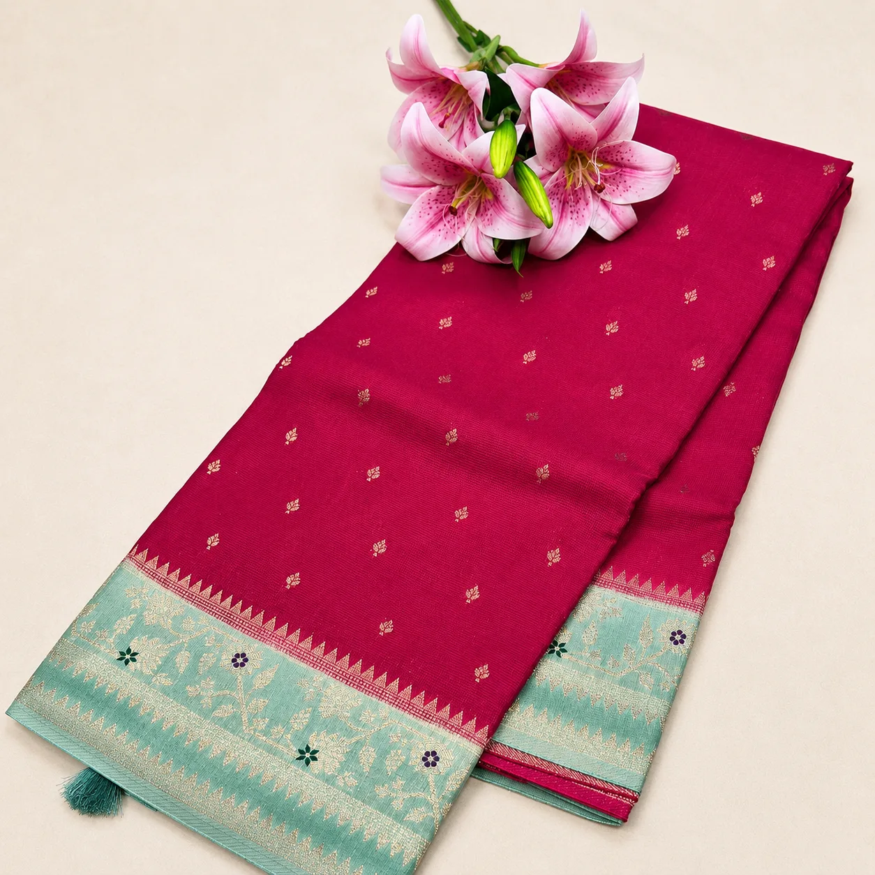 Magenta Pink Saree with Mint Green Zari Border