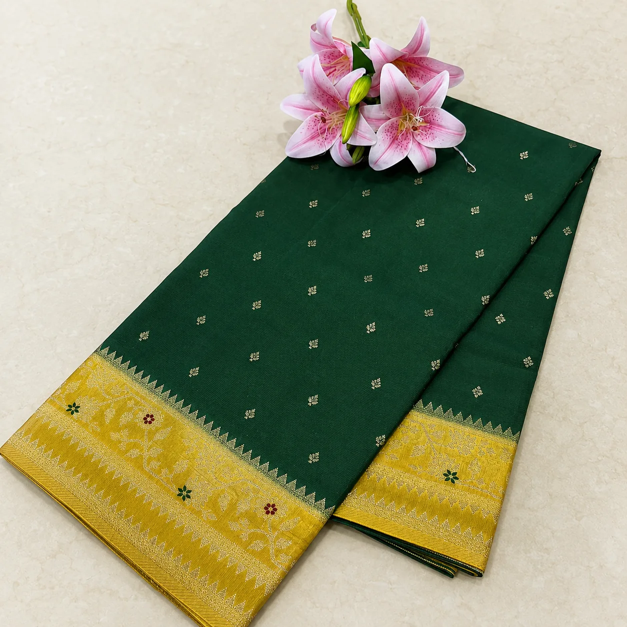 Emerald Green Zari Butta Saree with Golden Floral Border