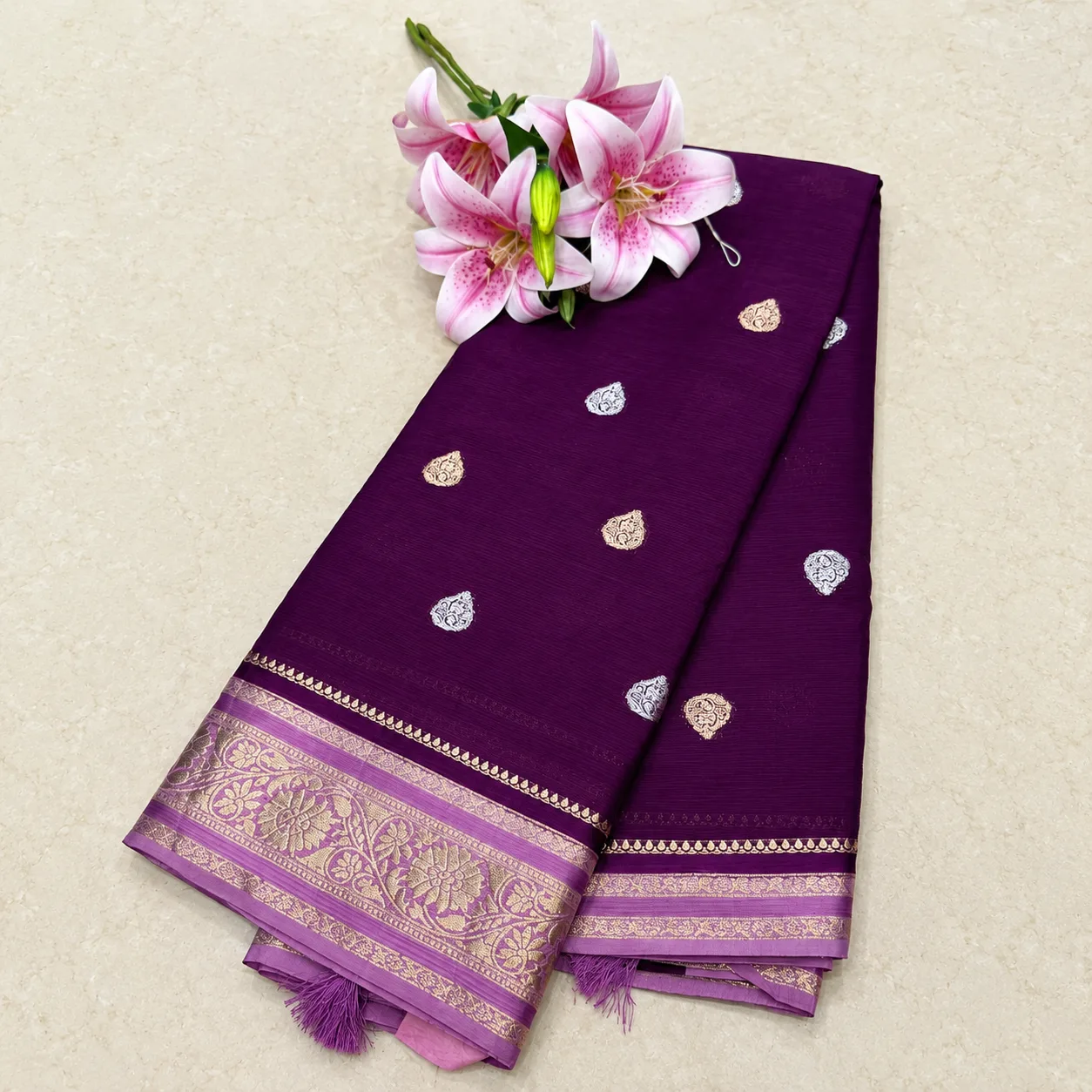 Royal Plum Zari Butta Saree with Lavender Floral Border