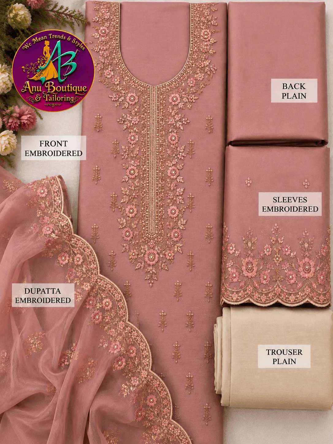 Dusty Rose Floral Embroidered Suit Set