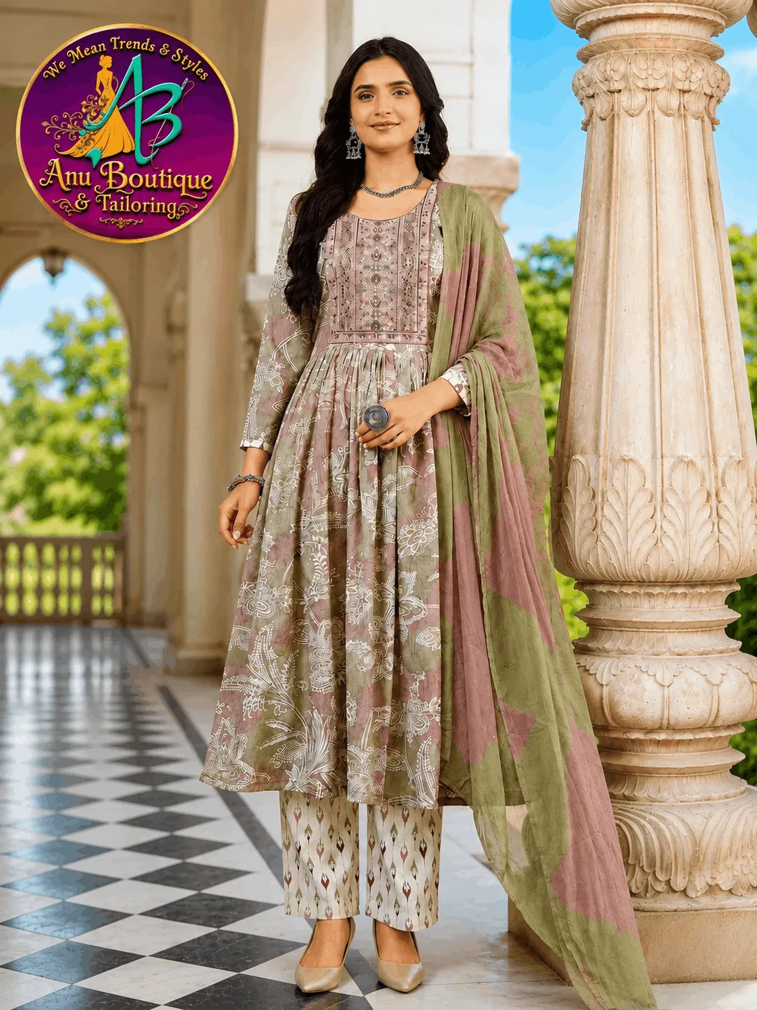Olive Green and Mauve Printed Anarkali Suit Set