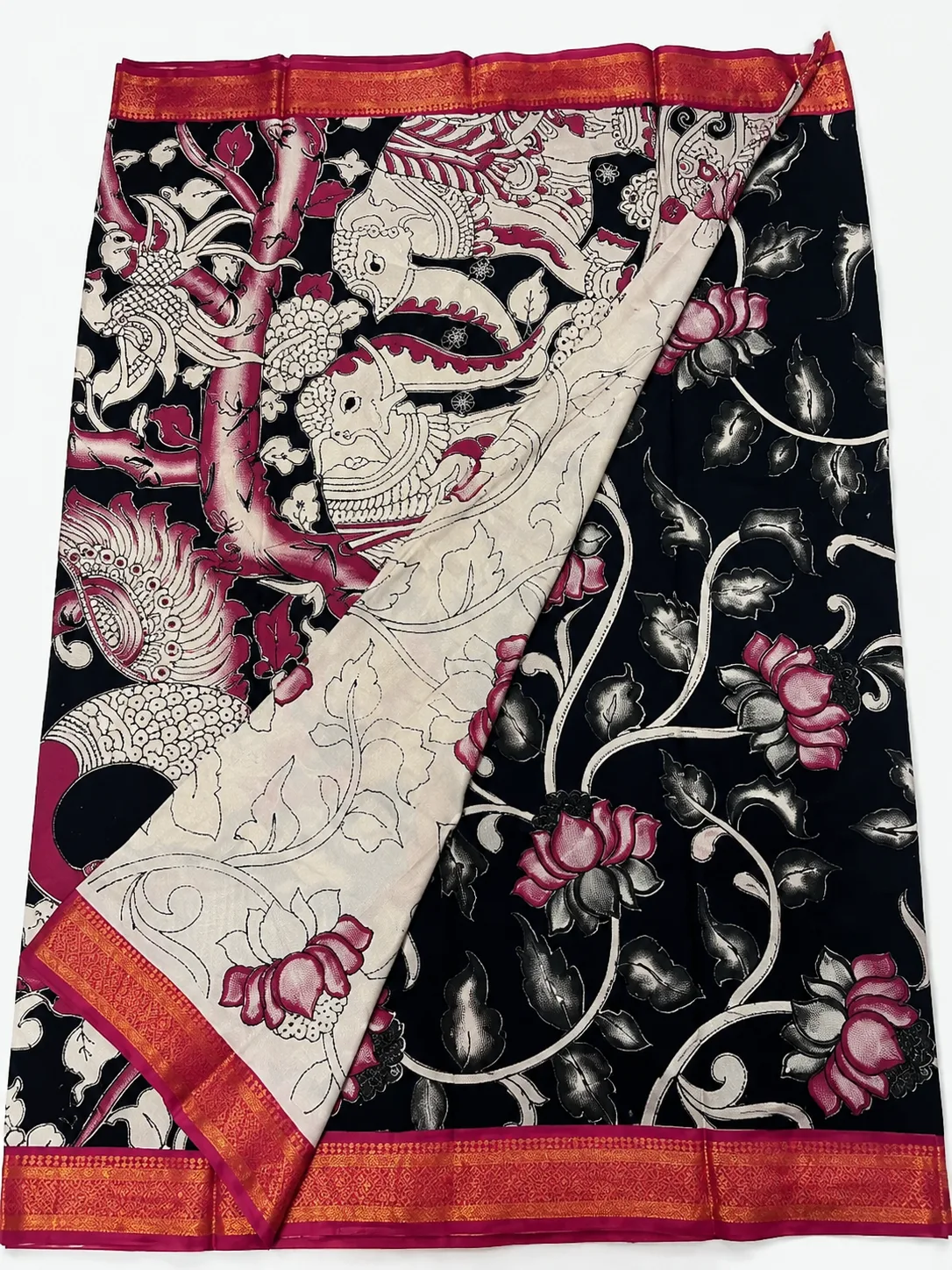 Black and Ivory Kalamkari Lotus Print Saree